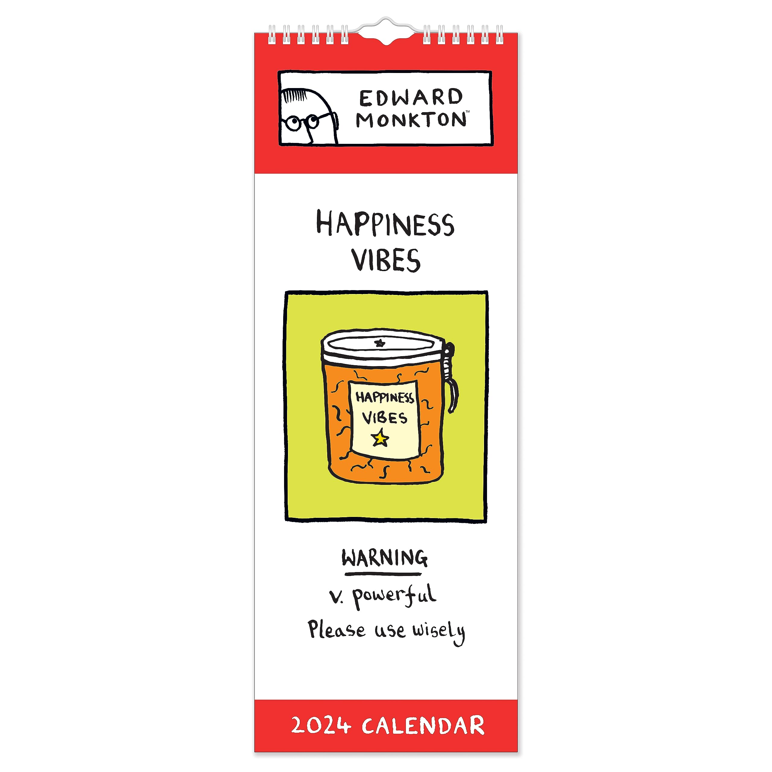 Portico Designs Ltd 2024 Edward Monkton Happiness Vibes Slim Wall Calendar Month To View,Multicolour,41 x 15 cm