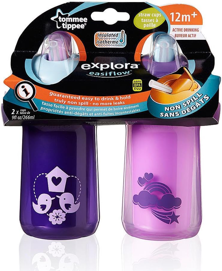 Tommee Tippee 2 Pack 9 Ounce Insulated Straw Cup (Explora Easiflow Truly Spill Proof - Purple & Pink)