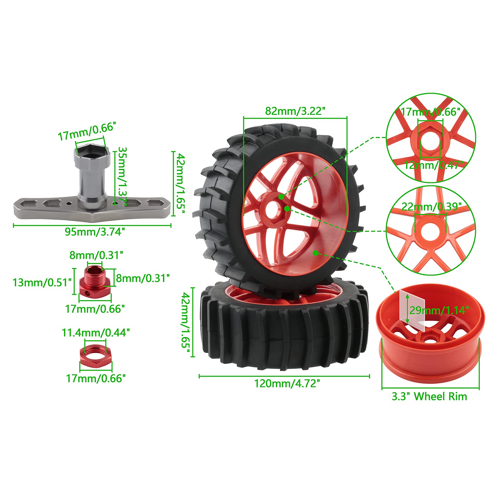 Rchobbytop 1:8 RC Buggy Tires & Wheels Set – 17mm Hex, 5-Spoke Rims With Adapters, For Off-Road, Sand, Snow, All Terrain, Red - View #6