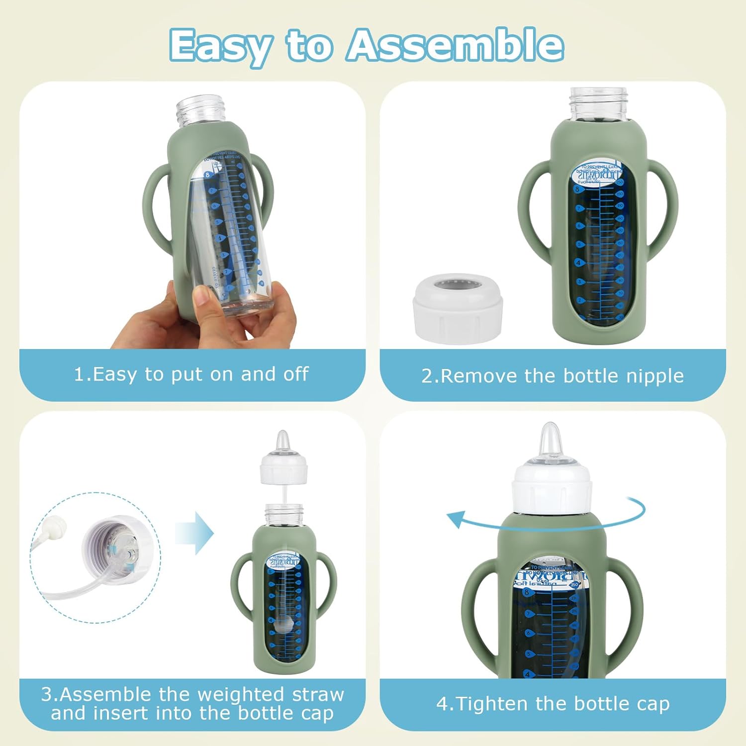 Sippy Straw Cup Conversion Kit with Silicone Sleeves for Dr. Brown's Narrow Glass Baby Bottle 8oz,Weighted Straw Replacement Kit with Soft Sippy Spout and Handle,6m+,Set of 3 - Image 4