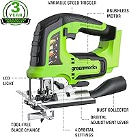 Vista 8 de Greenworks Sierra caladora inalámbrica de 24 V sin escobillas de 1 pulgada (3,000 SPM / 4 ajustes / luz LED), batería USB de 4.0 Ah y cargador