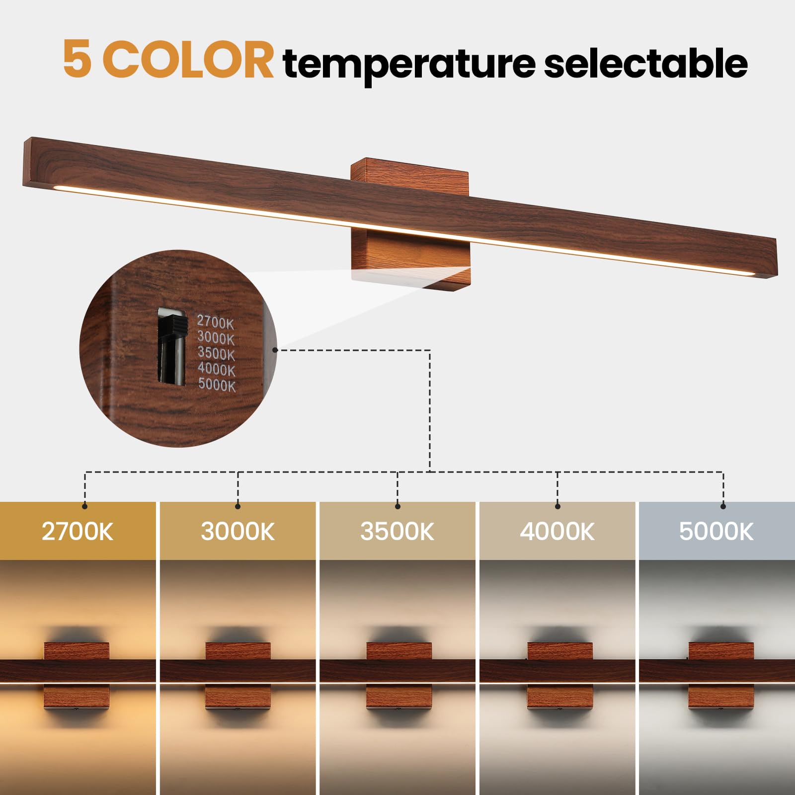 Moderna lampada da bagno sopra lo specchio, 81 cm, finitura in legno marrone, barra luminosa da 26 W, dimmerabile, 5 CCT, luci LED per illuminazione da parete del bagno sopra lo specchio
