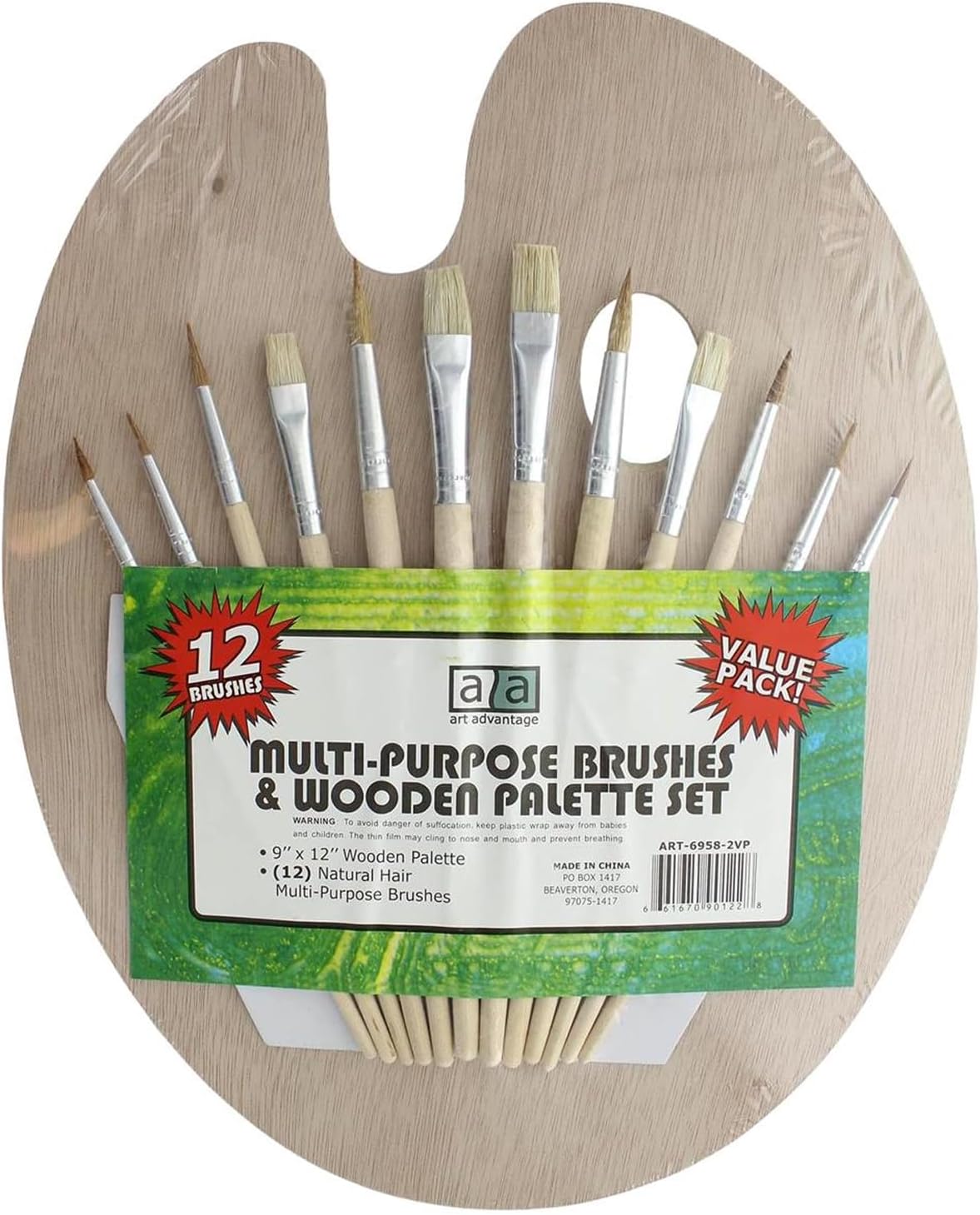 ART ADVANTAGE Palette Wood 9"x 12" with 12 Brushes Value Pack, Brown