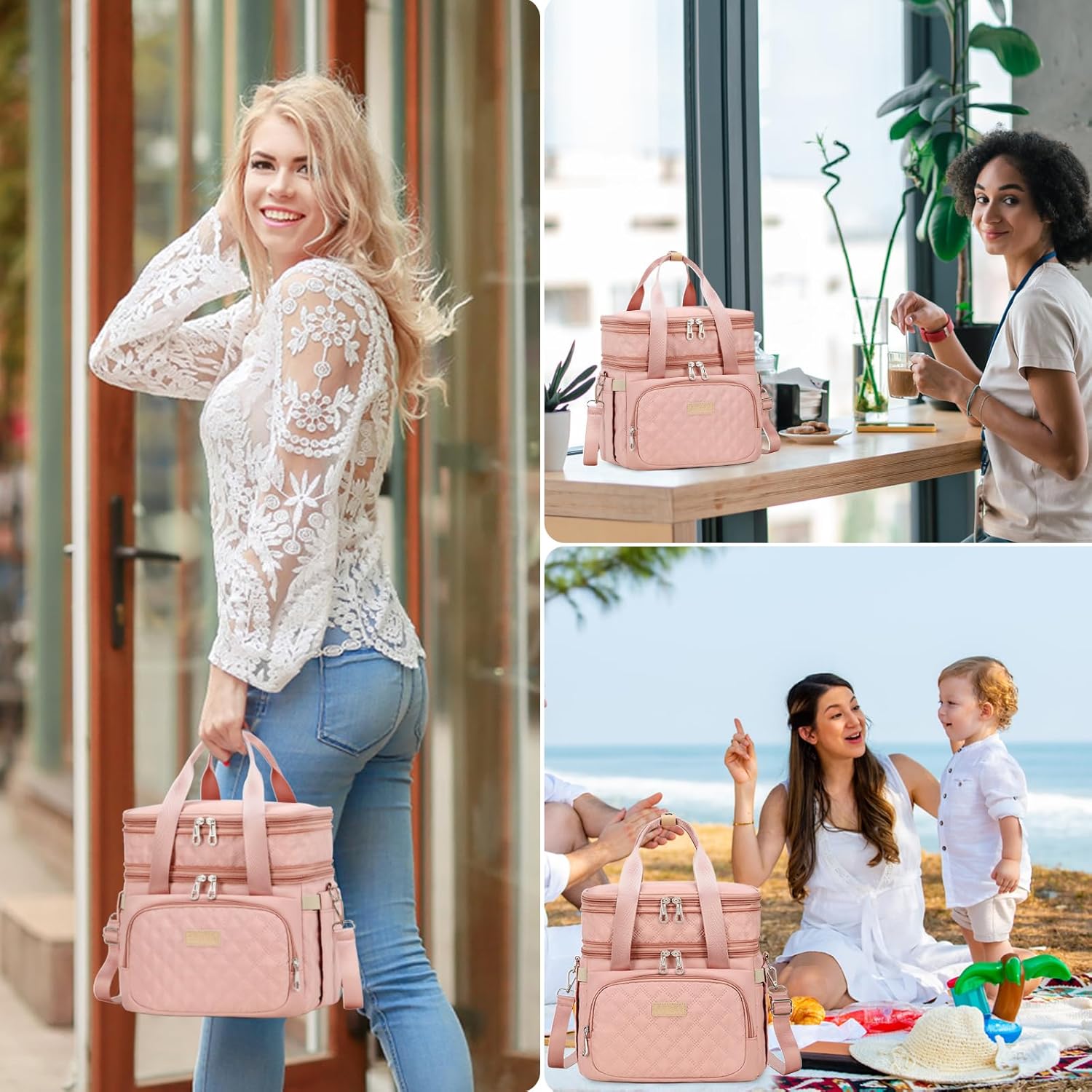 AIJIEKE Lunch Box Insulated Lunch Bag, Large Leakproof Double Deck Lunch Tote for Work, Double Layer, Adult Reusable, For Picnic, Beach, Meal Prep Dual Compartment Lunch Bags, Pink - Image 4