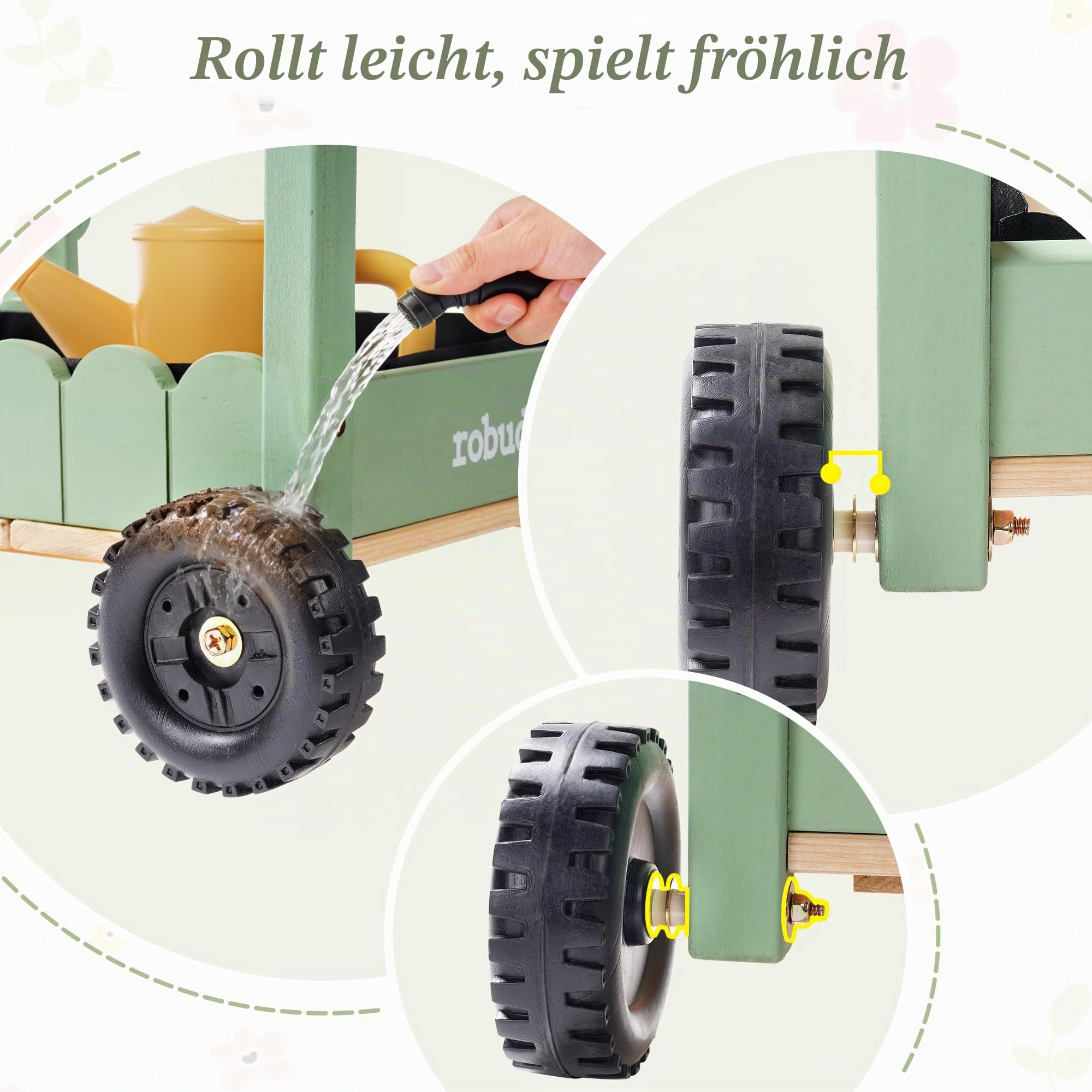 ROBUD Kinder Gartengeräte mit Holzwagen, Gartenwerkzeug mit Gießkanne, Schaufel, Handrechen, Pflanztöpfen und Hydroponik-Röhren, Pädagogisches Gartenset für Jungen Mädchen ab 3 Jahren, Grün