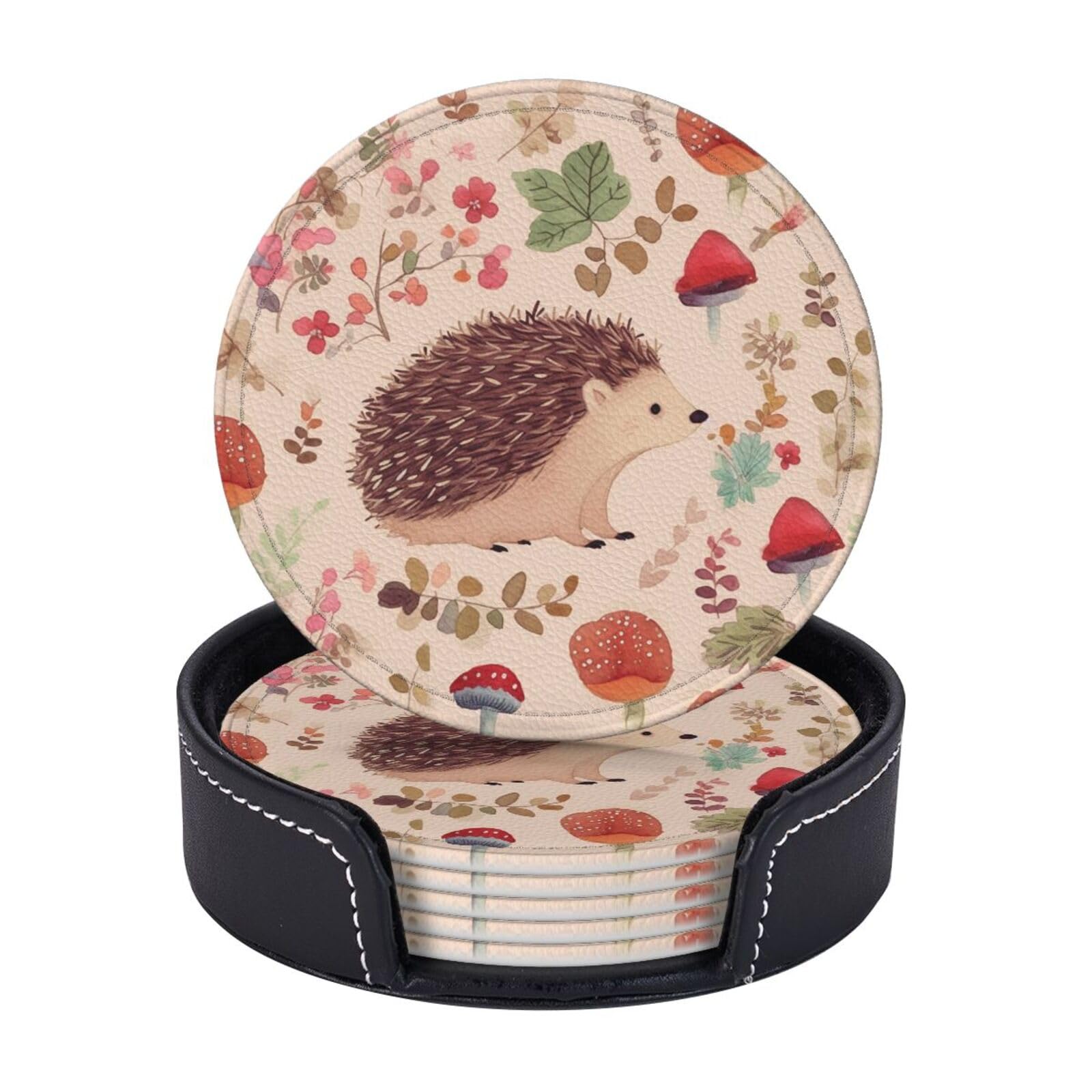 Round Coasters for Drinks Set of 6 - PU Leather Coasters with Holder - Modern Drink Coasters for Coffee Table - Lovely Hedgehog Coaster for Tabletop Protection 4" Cup Mat Pad