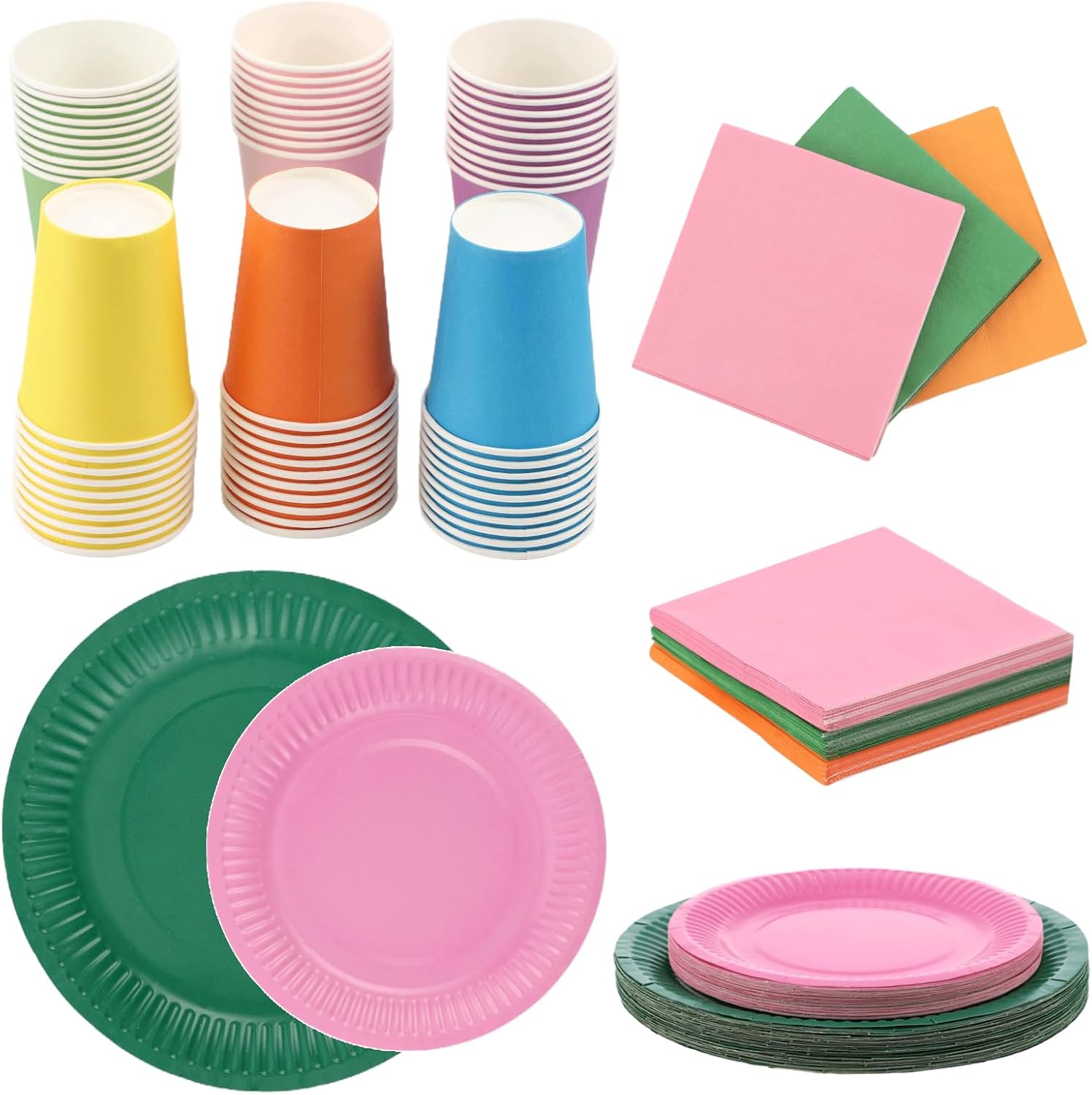 OMISTAR 220 Pcs Rainbow Party Tableware, Colorful Neon Party Supplies, Disposable Dinnerware Kit, Includes Plates, Cups, and Napkins, Ideal for Birthday, Wedding, Festival