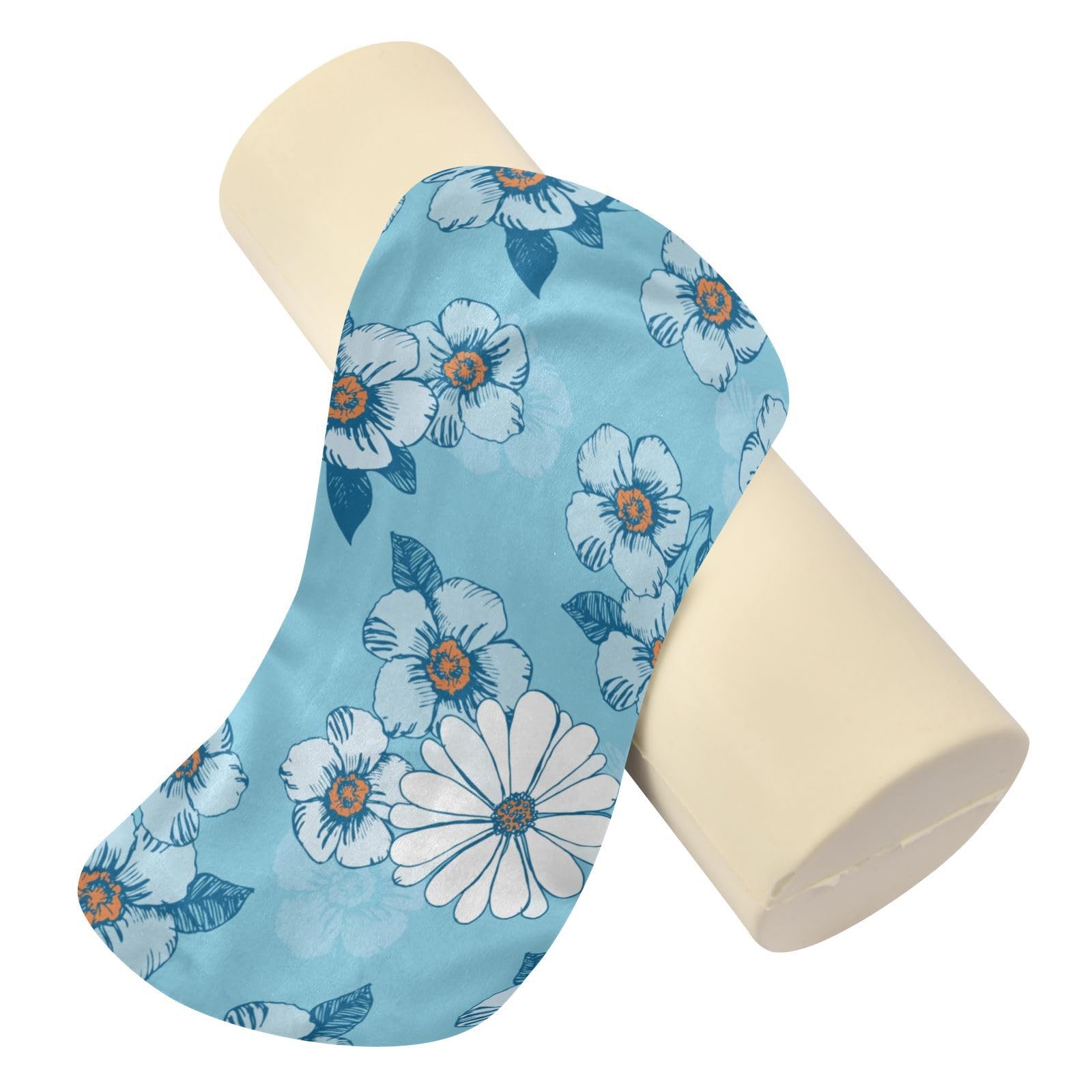 Neck Roll Pillow for Sleeping,Cervical Neck Pillow Round Bolster Pillow with Removable Washable Memory Foam Pillow for Head Neck Back and Legs 17x 5.5 in Blue Petals