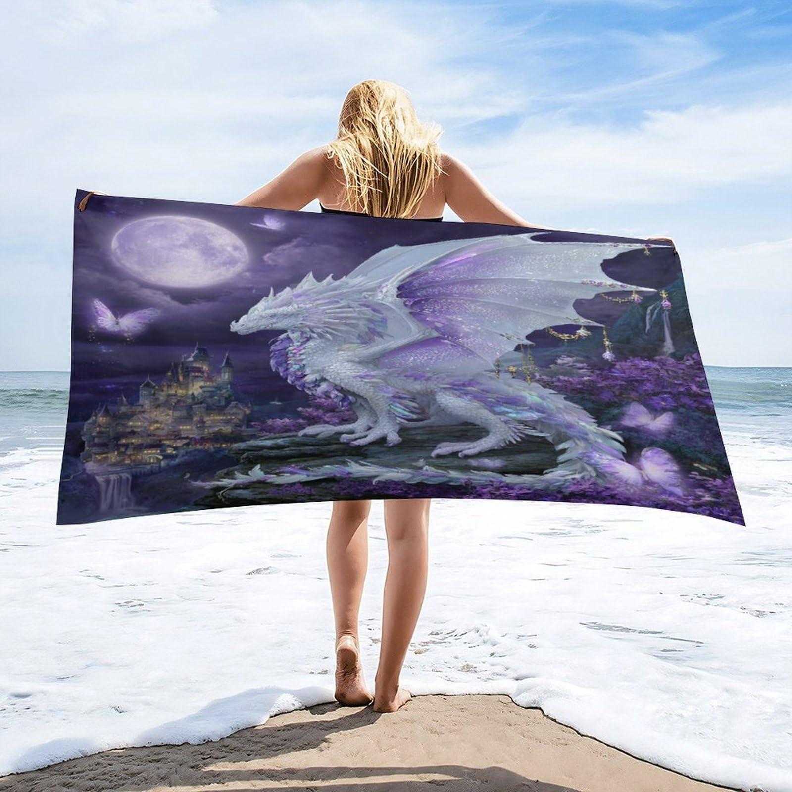 Luyysky Classic Fantasy Mythical Dragon Absorbent Beach Towel, Funny Oil Painting Full Moon Castle Animal Butterfly Plant Floral Outdoor Single-Sided Velvet Beach Towel-80 W Cm X 160" L Cm