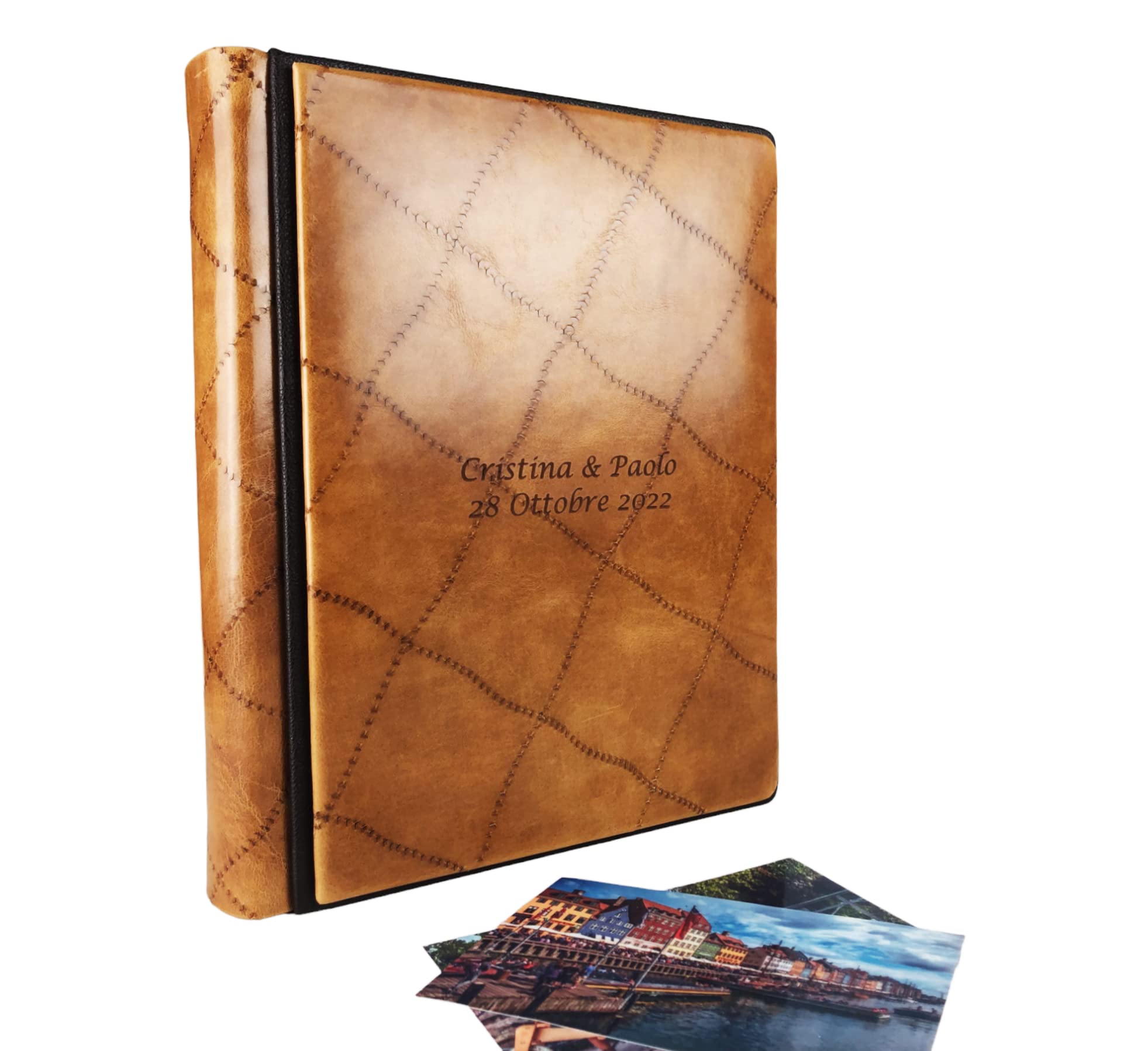 Album Photo TriVin Art Fabriqué à La Main En Italie, En Simili Cuir Fin Avec Dentelle Et Insert En CUIR VRAI Personnalisable Avec Gravure. Idéal Pour Tout événement. (Crème/Cuir Bleu