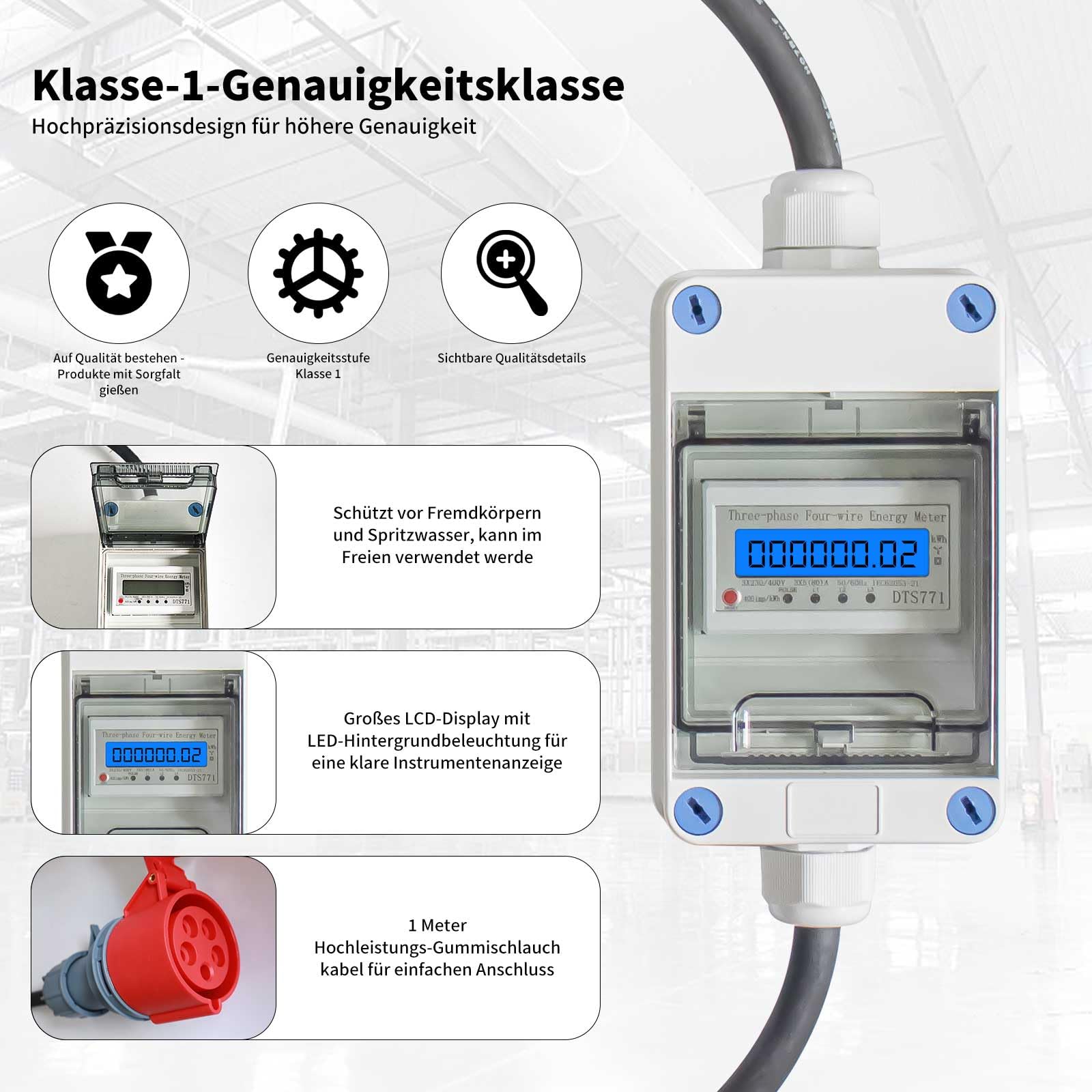 Mobiler Stromzähler 32A 3 Phasen 400V IP68 CEE Stecker Kupplung Zwischenzähler