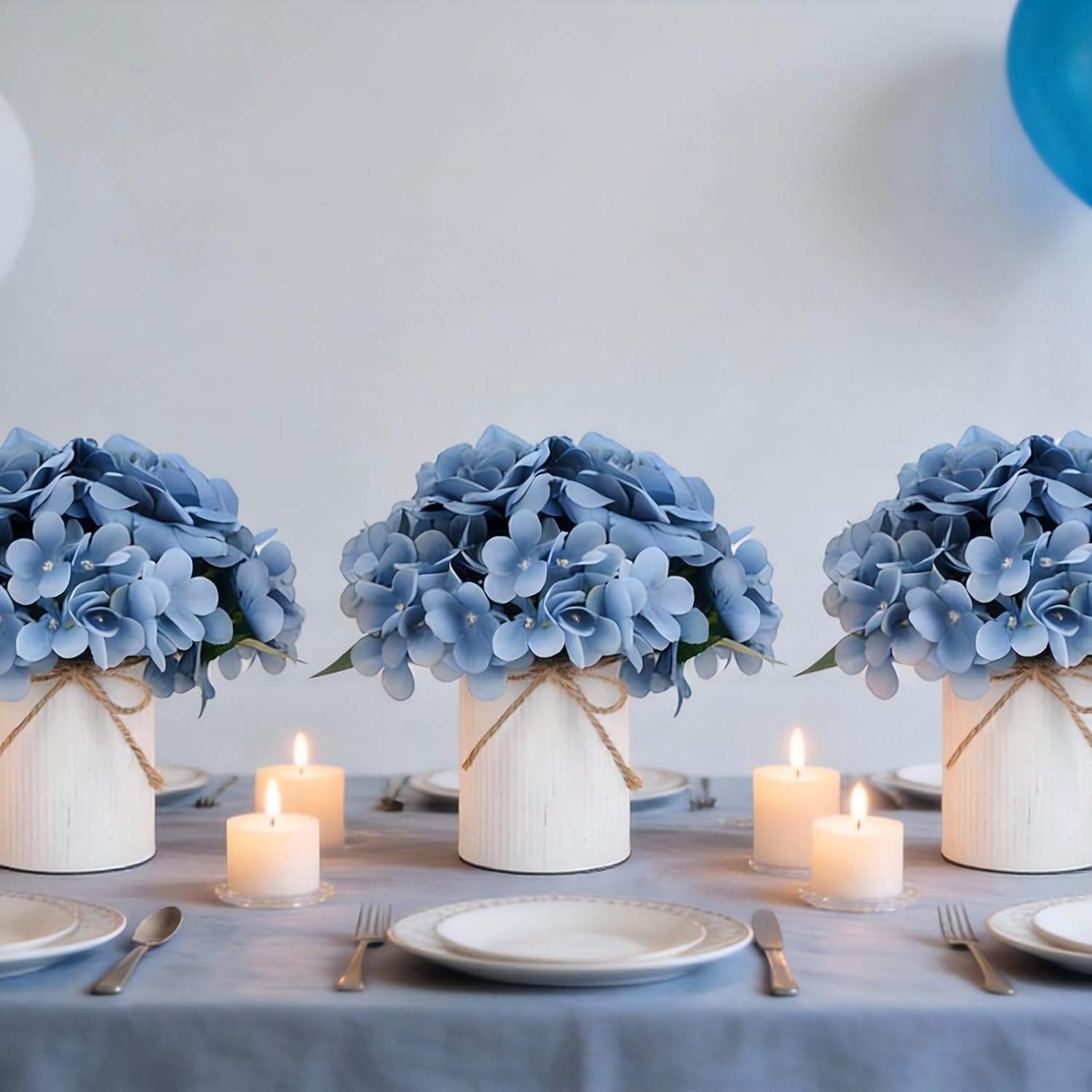 Flower Table Centerpieces - Set of 6 Floral Arrangement Artificial Wedding Hydrangeas Floral Arrangement with Rustic Metal Vase for Bridal Tea Party Event Decorations - Dusty Blue - Image 5