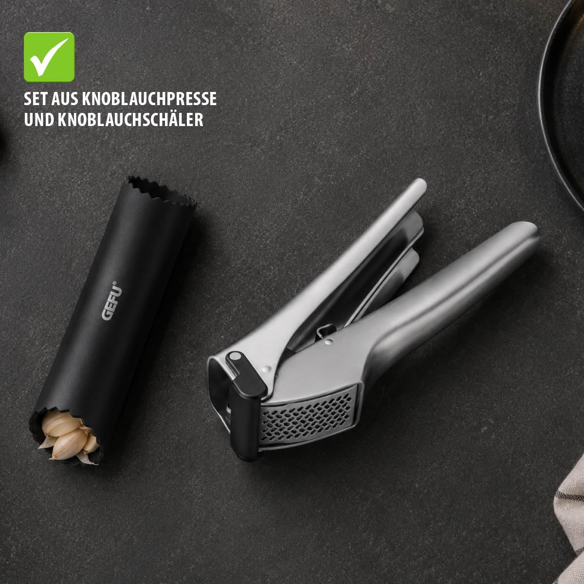 GEFU Knoblauchpresse GARLICO + Knoblauchschäler TUBIO Set