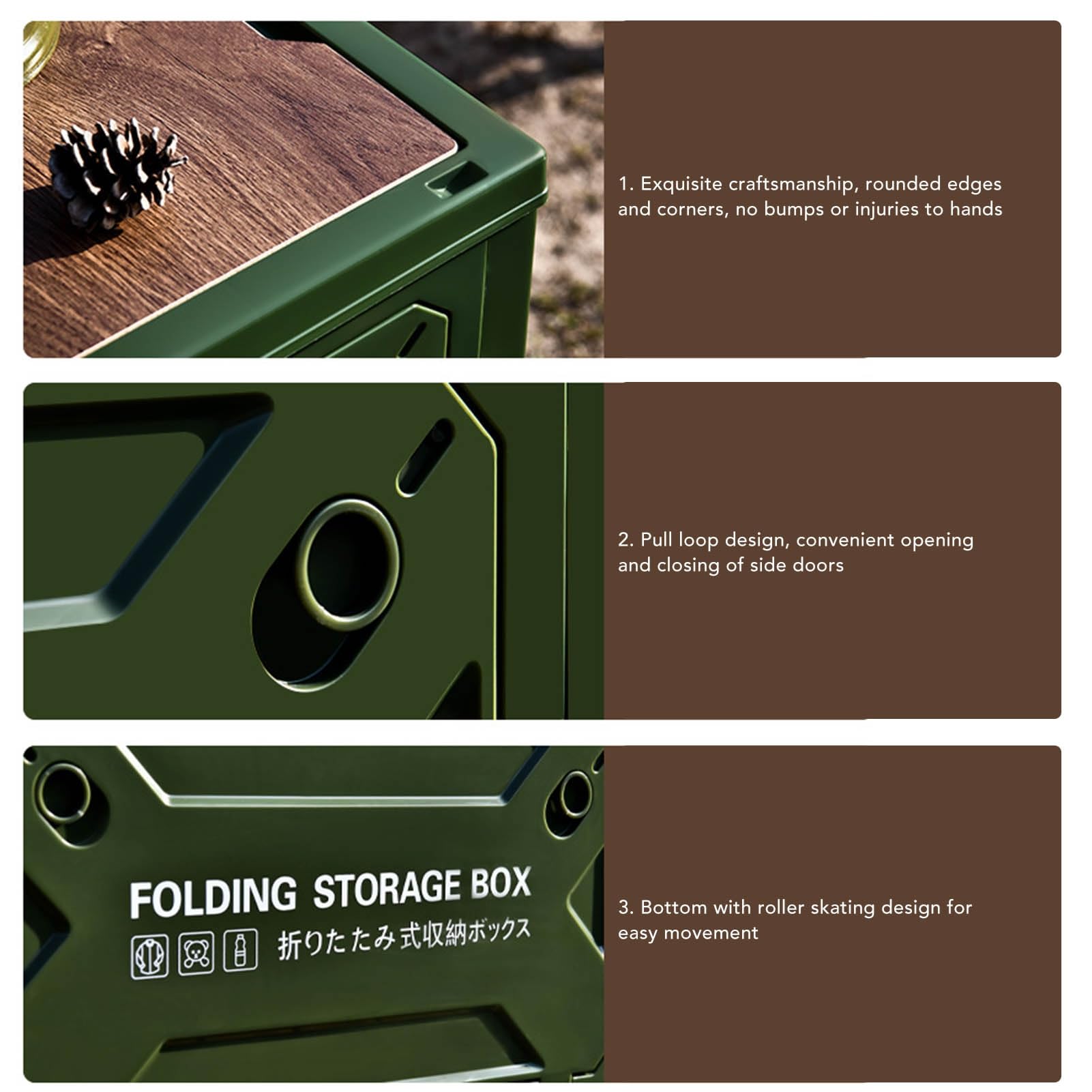 Caja de almacenamiento plegable para camping con tapa y ruedas de madera, contenedor organizador plegable de 50 litros para maletero de coche, camping al aire libre, (DE verde)