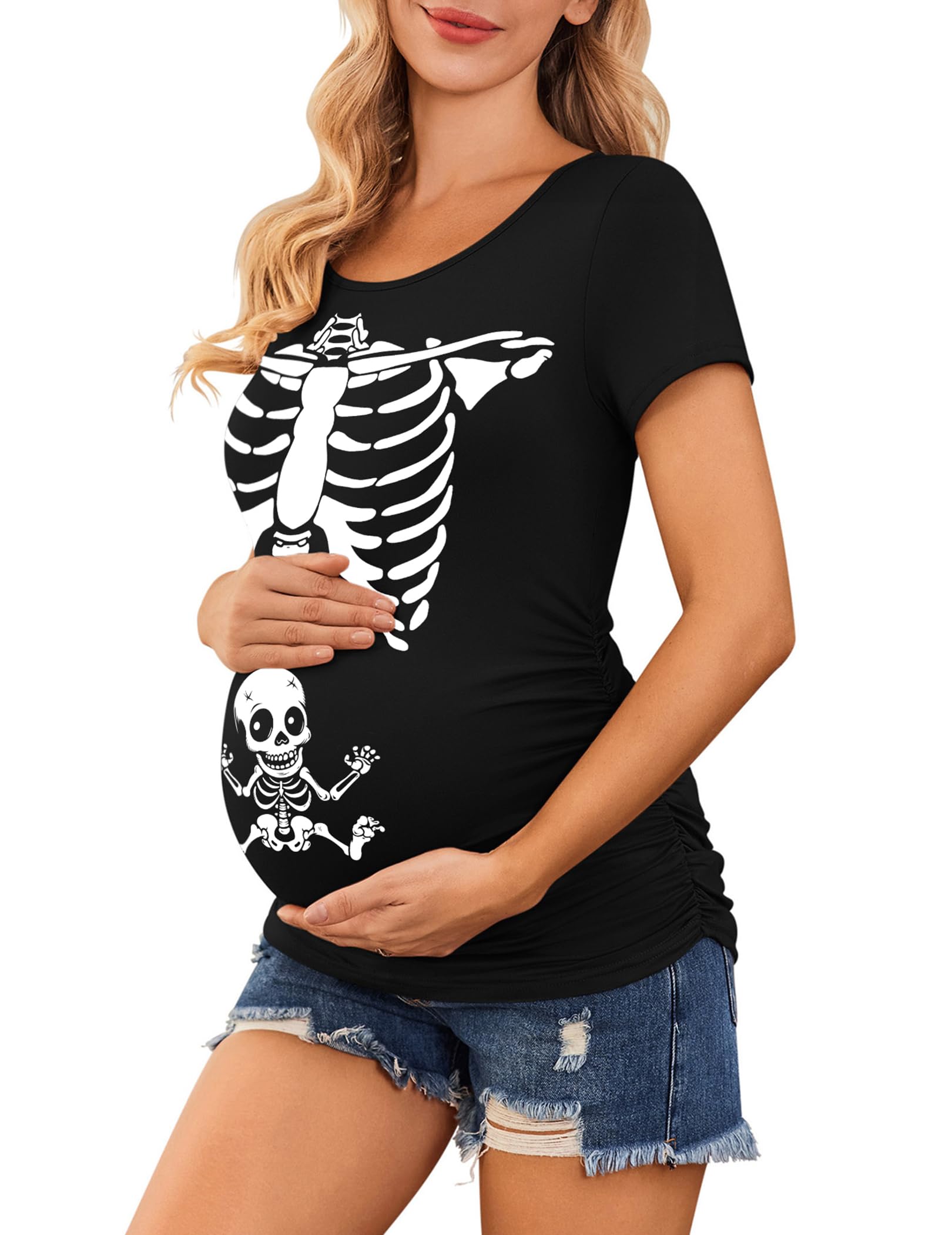 Ekouaer Womens Maternity Shirts Halloween Pregnancy Tops Tunic Blouse Side Ruched Casual Mama Clothes S-XXL