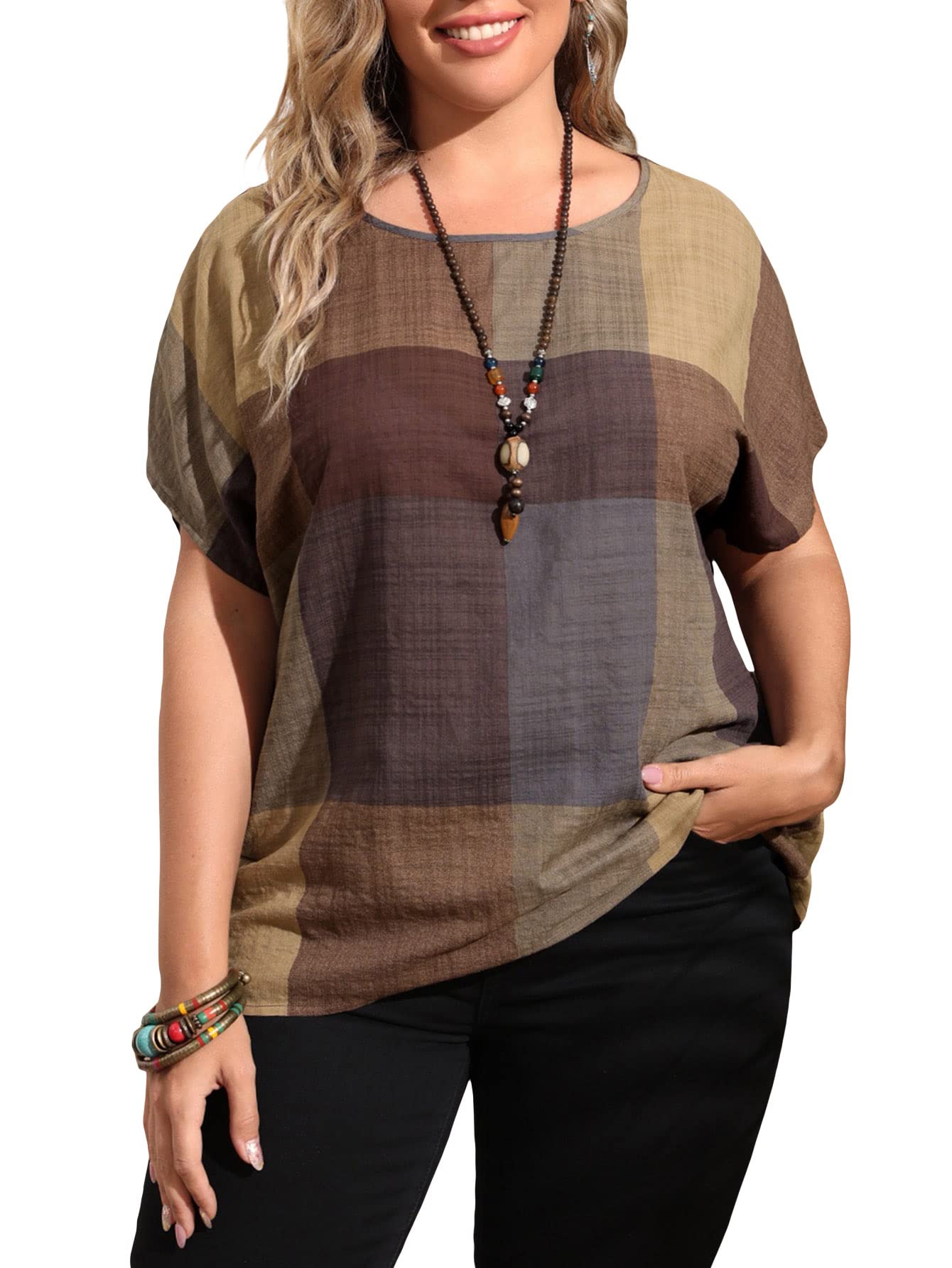 SheInWomen's Plus Size Color Block Batwing Sleeve Scoop Neck Blouse Shirt Top