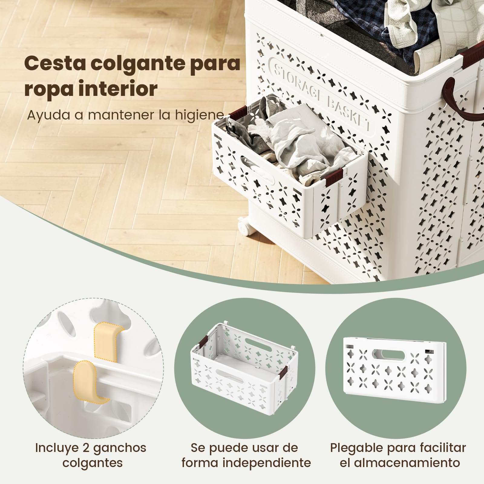 COSTWAY Cesta para Ropa Sucia Plegable 75 L, Cesto de La Colada, Cubo de Almacenamiento de Plástico con Asas y Estuche Pequeño Plegable, Cesto Popa Sucia con Ruedas, Blanco