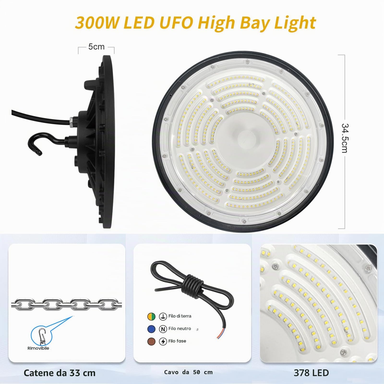 Faretto LED UFO 300W, 30000lm UFO Lampada LED Officina,6500K Bianco Freddo LED High Bay Light,IP65 Impermeabile Proiettore LED Interno Lampadario Industriale per Garage,Magazzini,Fabbrica