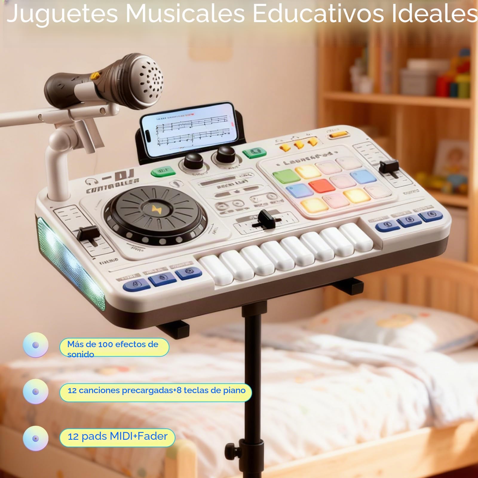 Mesa de mezclas DJ para niños de 3 a 12 años, Mezclador DJ para niños con micrófono, Luces, 100+ Sonidos DJ Mixer controlador Regalo Educativo para Niñas Recargable USB, Bluetooth