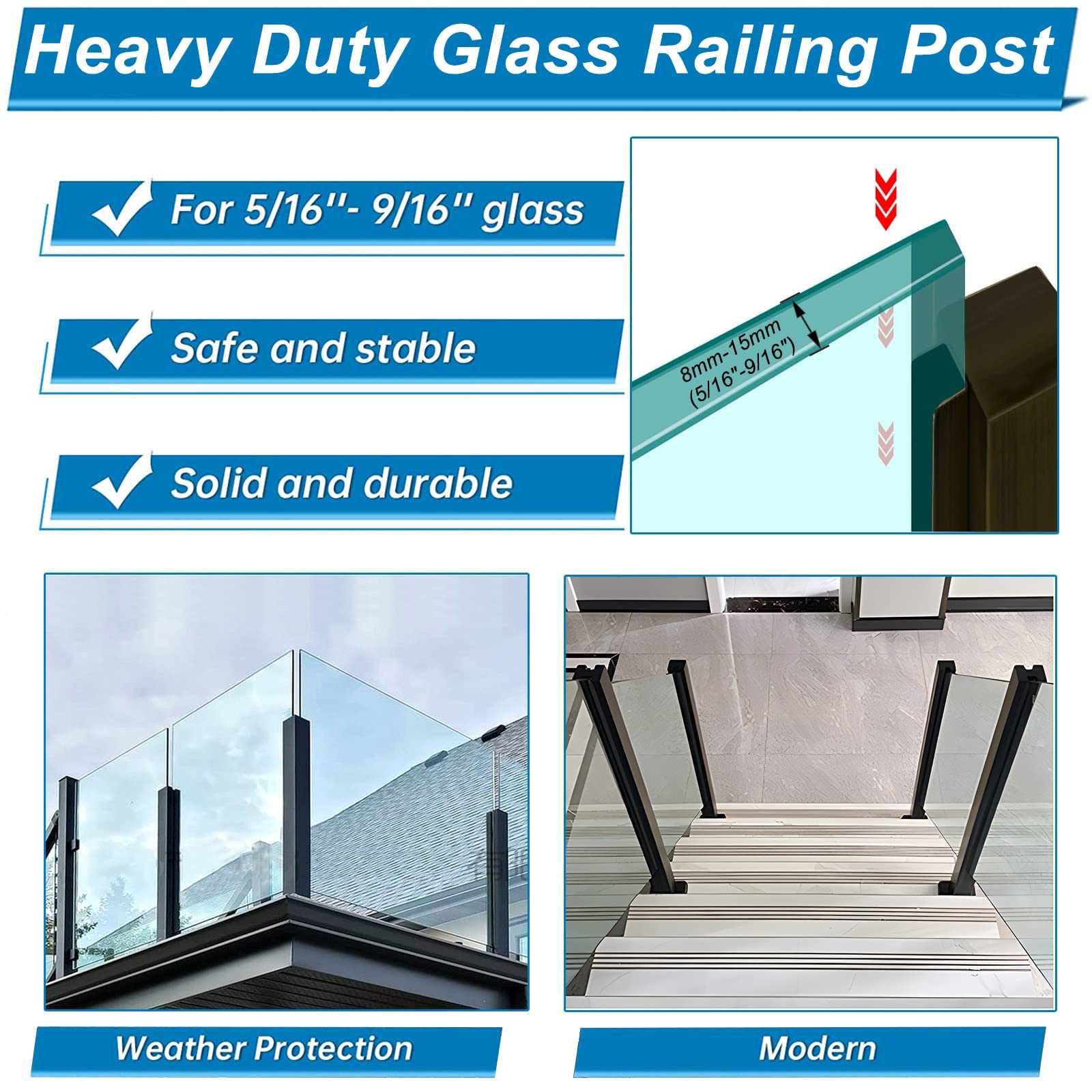 HeavyDu - Poste negro para paneles de 1 cm, protección contra óxido, para balcón, interior/exterior, 125 cm