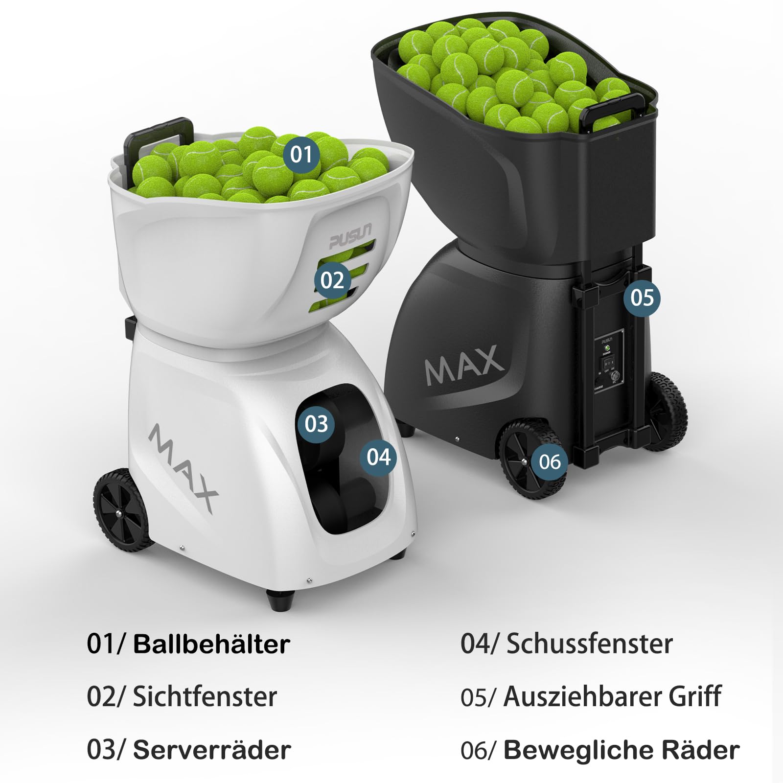 PUSUN PT-MAX C Tennisballmaschine - Profi Ballwerfer mit APP-Steuerung (App für Apple Watch), 28 Landepunkte & 26 Modi, Smart Trainer für alle Spielniveaus mit variablem System (5-7 Std.)