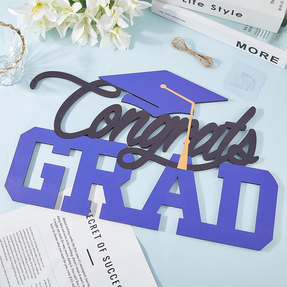 GORGECRAFT 15.3 Inch Graduation Wood Wall Hanging Sign Blue Black Wooden Cutout Grad Congratulations Ornaments Senior Photo Props Door Banner Decorations with Jute Cord for High School Party Supplies