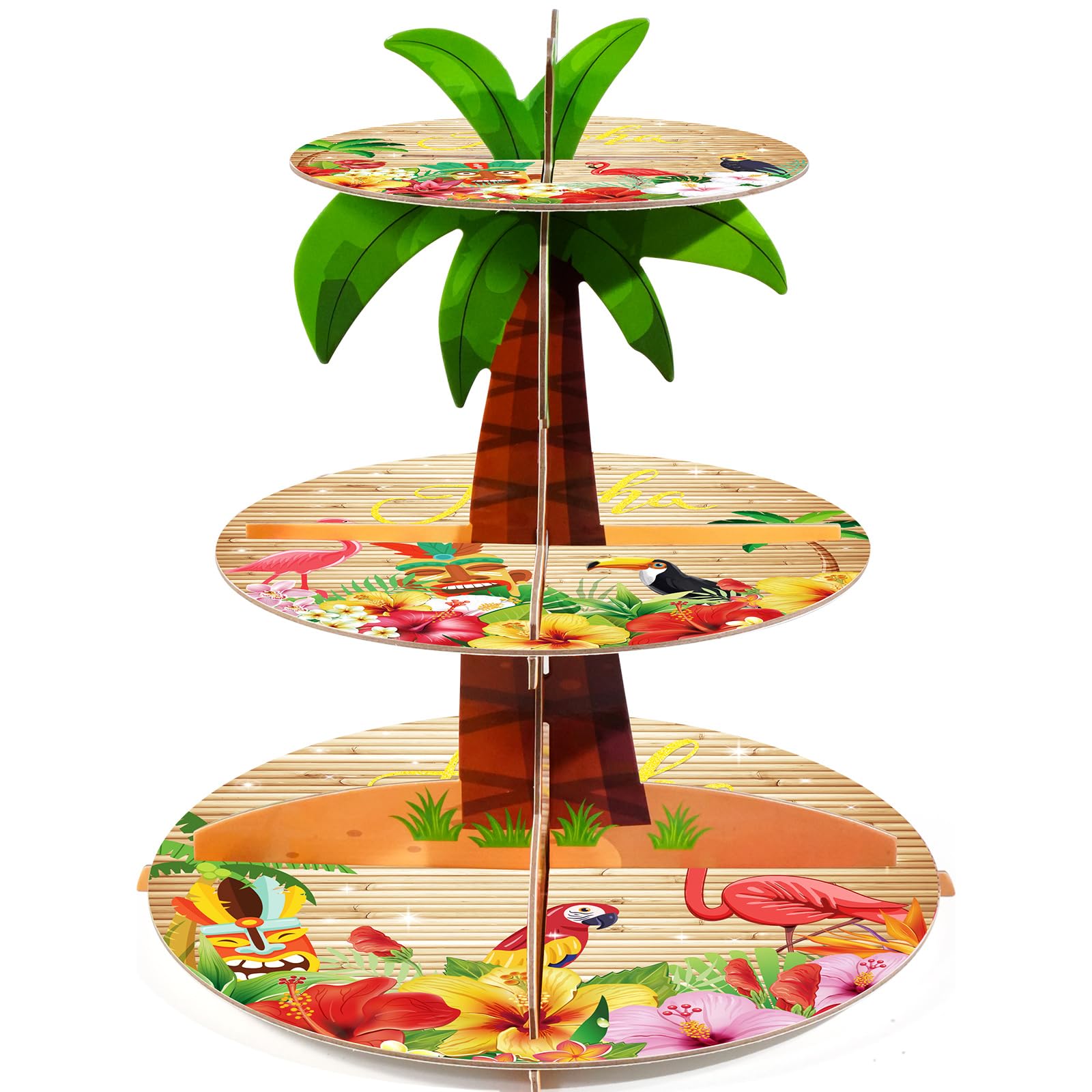 TEASIK 3-Tier Cupcake Stand - Palm Tree Party Decor for Luau, Hawaiian & Tropical Themed Events - Multi-Colored Cardboard Tiered Tray for Beach & Pool