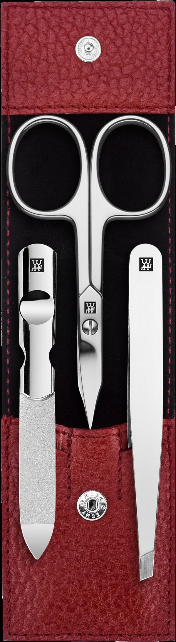 ZWILLING Manicure Set (3 piece, pedicure set for nail care and cuticle care, leather, with nail scissors), Polished Stainless Steel, Red