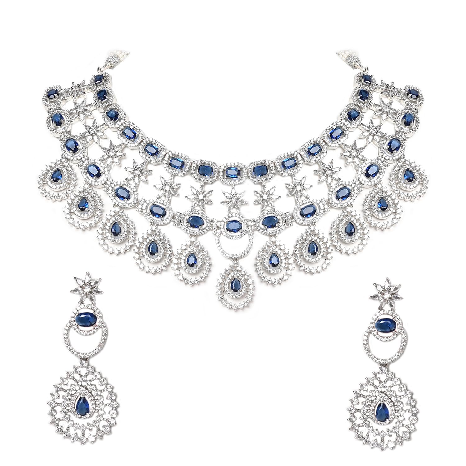 Jewellity Blue And Silver American Diamond/AD Designer/Bridal/Wedding Necklace With Earrings Set For Girls/Women NSA-734 (B0CNGW58TG) Amazon Price History, Amazon Price Tracker