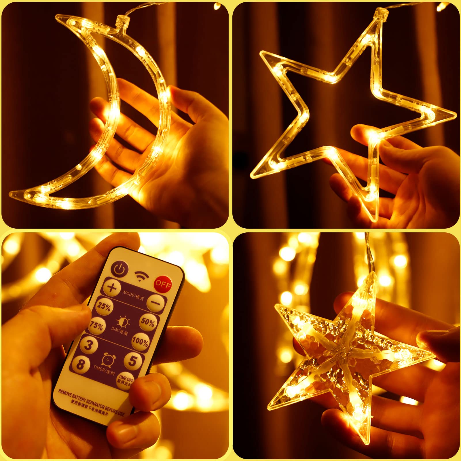 Smarich Star Moon Solar String Lights 138*LEDs Solar Curtain Lights with 8 Lighting Mode, Timmer Setting, Brightness Adjustment, Waterproof Solar Powered Twinkle Star Moon Fairy Lights for Outdoor