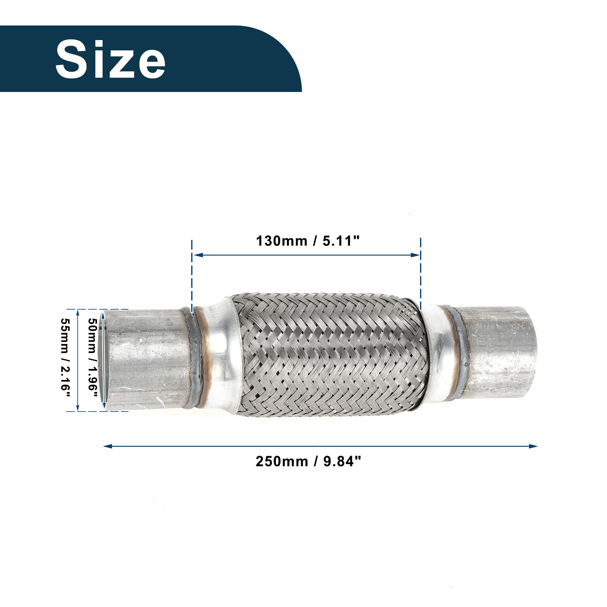 Tubo Flexible De Escape 2.16 Pulgadas OD 1 Pieza Para Automóvil | Acero Inoxidable, Plateado, Diámetro Interno 50mm, Longitud 250mm, Reduce Ruido Y Vibración, Universal Para Autos