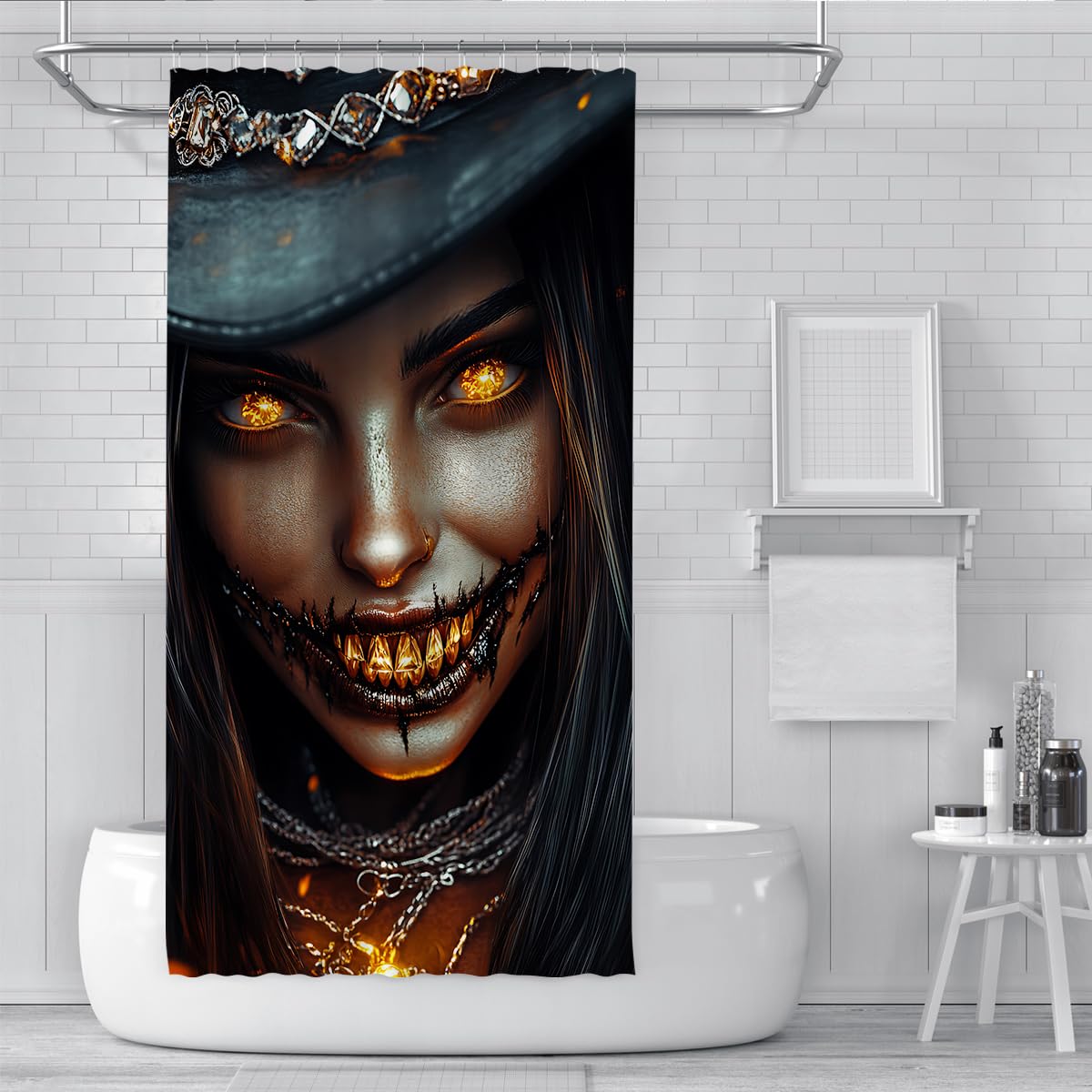 Gothic Witch Duschvorhang Gold Teeth Black Hat Badezimmer Deko 200x200cm