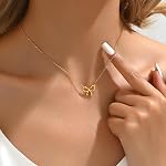 Gold Necklace for Women 18K Gold Plated Dainty Heart Bow Pendant Necklace CZ Bow Herringbone Chain Trendy Jewelry Gifts