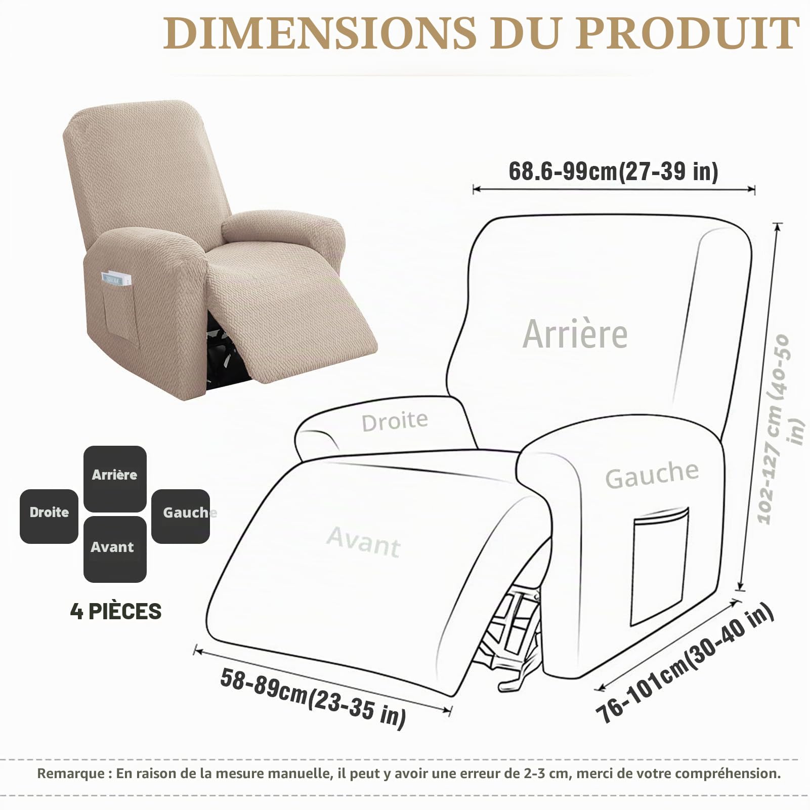 Lot de 4 Housses de Fauteuil de Relaxation 1 Place - Extensible - avec Poches - pour Fauteuil TV et Fauteuil de Relaxation - Antidérapante - Haute élasticité - avec Fond élastique