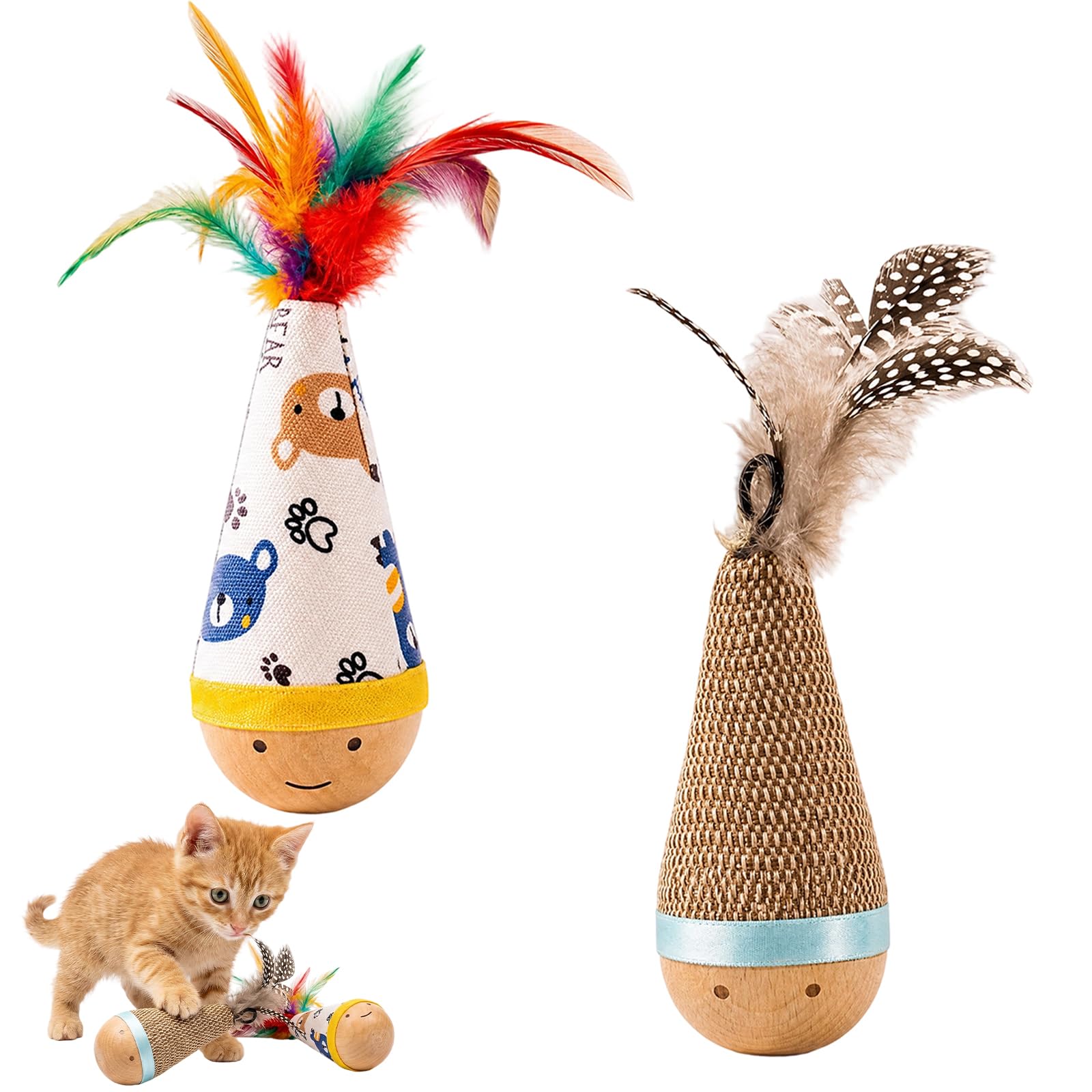 JeyFefv 2 Pcs Cat Wand Toys Interactive for Indoor Cats, 18 cm Feather Teaser, Scratchable Woven Surface, Multi-Cat Household Solution, Furniture Protection, Indoor Cat Entertainment