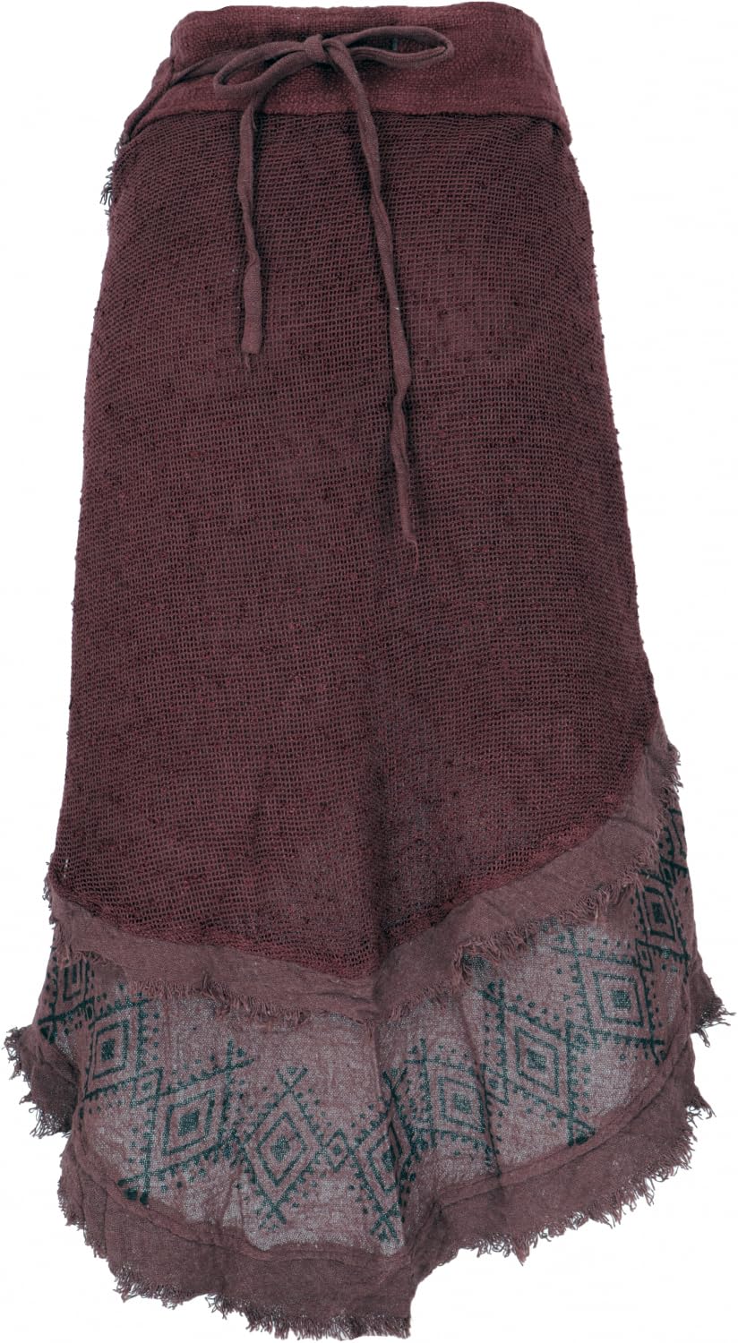 Goa Wickelrock, Tribal Lagenlook, handbedruckt, Baumwolle, massala/1 | Asymmetrischer Wickelrock, knielang, Slim-Fit, einzigartig, ideal für Festivals und Freizeit.