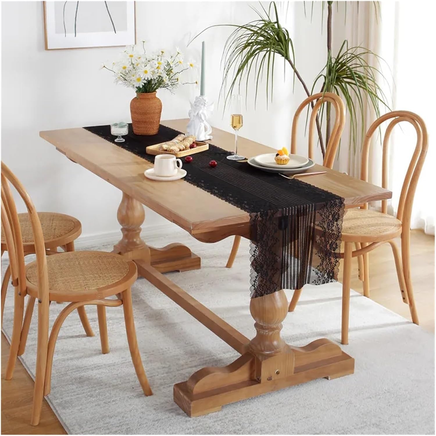 Table Runner Romantic Semi-Sheer Embroidery White Lace Table Runner for Dining Table Wedding Party Home Decor Accessories(Black,38x400cm)