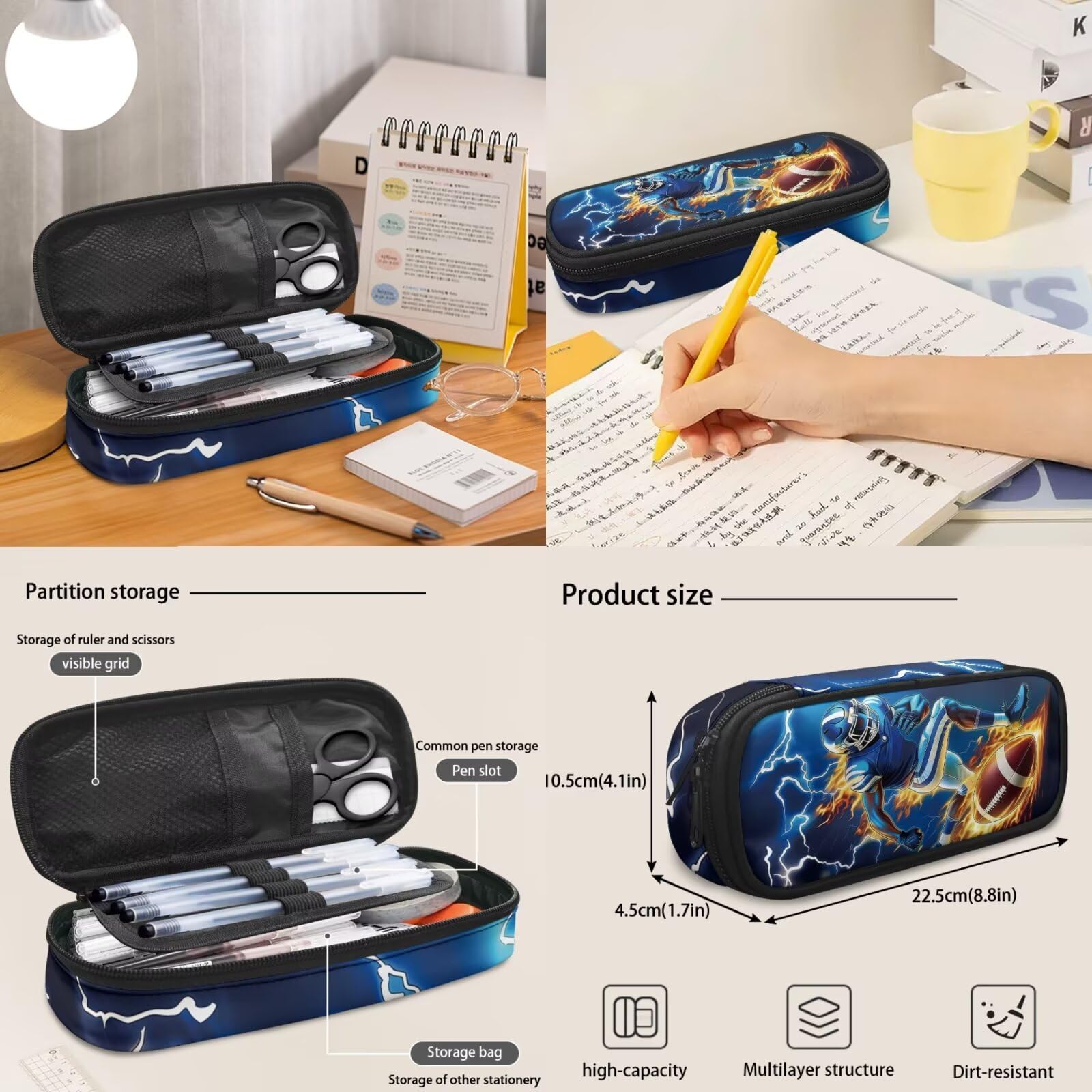 COEQINE Mochila negra para niños de 5 a 10 años con fiambrera, 4 bolsas escolares con llavero portátil, estuche para lápices, mochila para laptop, Football Player Dark Blue Lightning Flame, M