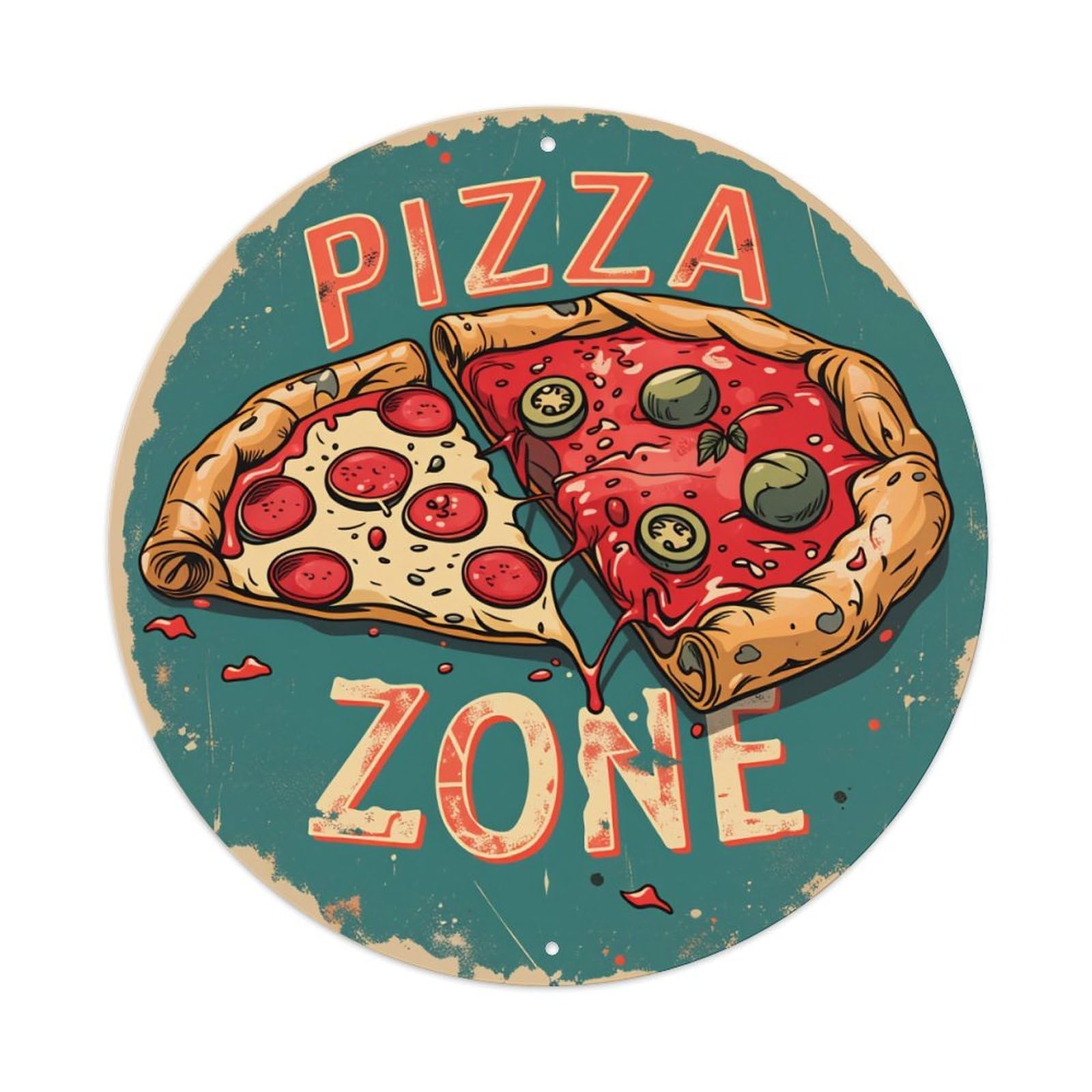 Pizza Slice With Pepperoni And Olives On Blue Background Round Vintage Tin Sign,Retro Wall Art,Metal Poster for Home, Bar, Garage, Cafe, Rustic Indoor & Outdoor Decor, 8x8 Inches