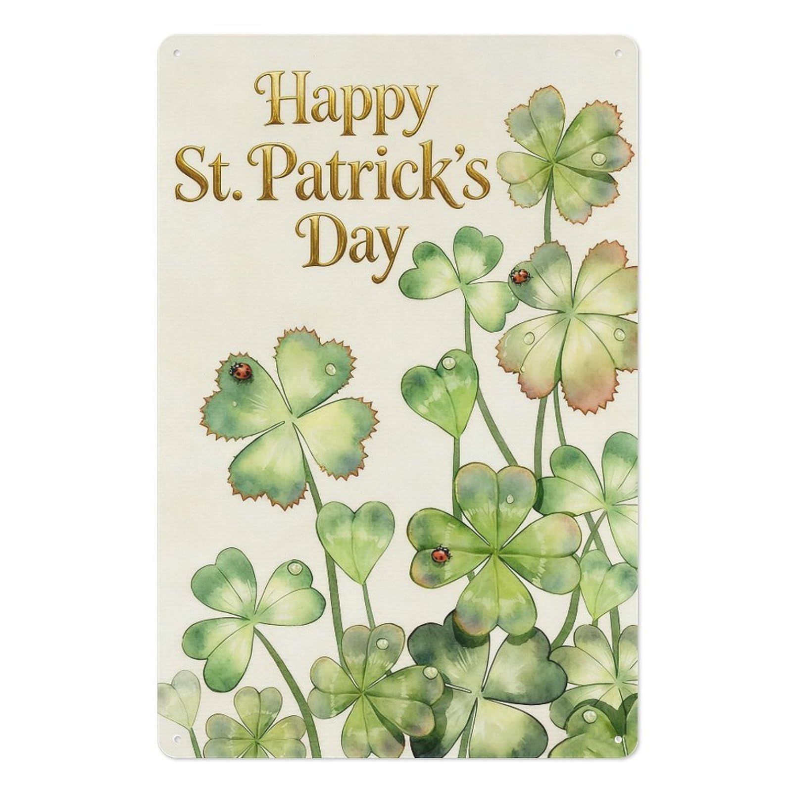 peiyeety 8x12 Inch St. Patrick's Day Metal Tin Sign – Lucky Green Clover & Ladybug Wall Art Plaque with Water Droplets, Rustic Vintage Home, Pub, Bar Decor