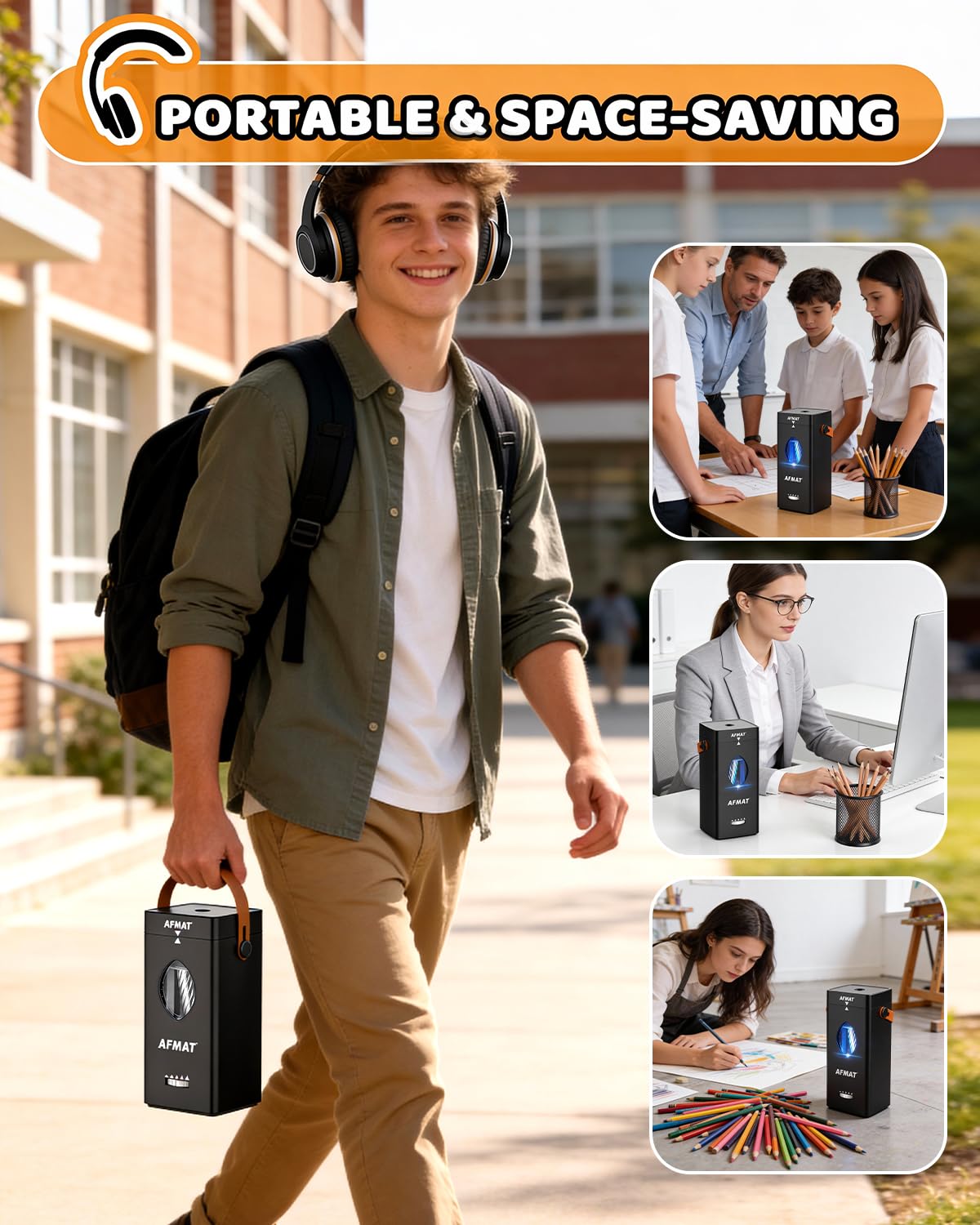 AFMAT Temperamatite elettrico, ricaricabile, completamente automatico, con manico, auto in & out, temperamatite portatile per matite grandi 6,5 – 12 mm, scuola, ufficio, insegnante, artista, nero
