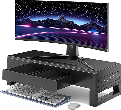 Soporte para monitor de computadora con 2 cajones, estante de escritorio para laptop y elevador de monitor, carga de 22 W, 2 USB 3.0 y 1 USB 2.0,