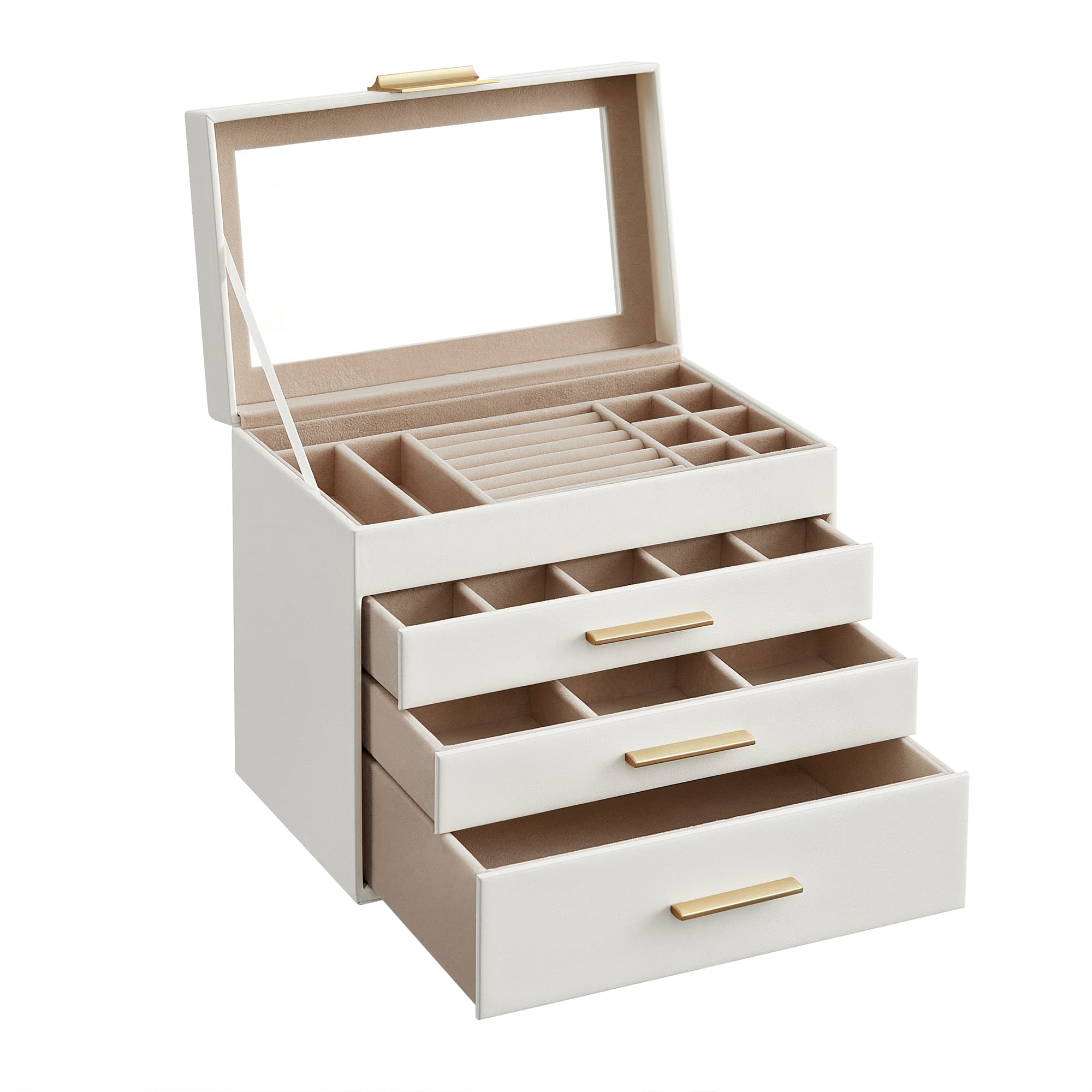 SONGMICS GISELLA Kollektion - Schmuckkästchen, Schmuckkasten mit 4 Ebenen, Schmuckbox mit Glasdeckel, 3 Schubladen, für Sonnenbrillen, Schmuckaufbewahrung, modern, wolkenweiß-golden JBC161W01