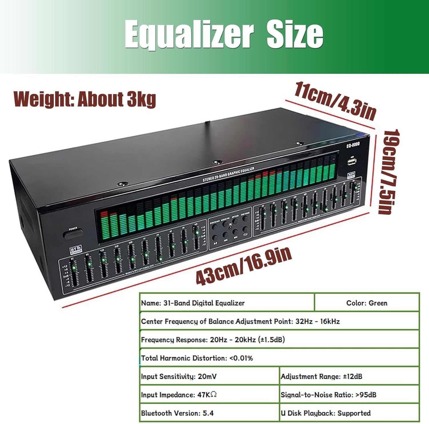 Égaliseur graphique stéréo audio, égaliseur numérique 31 bandes, 12 modes de rythme, avec réduction du bruit, décodage audio numérique coaxial optique Bluetooth 5.4, double accordage indépendant à 10