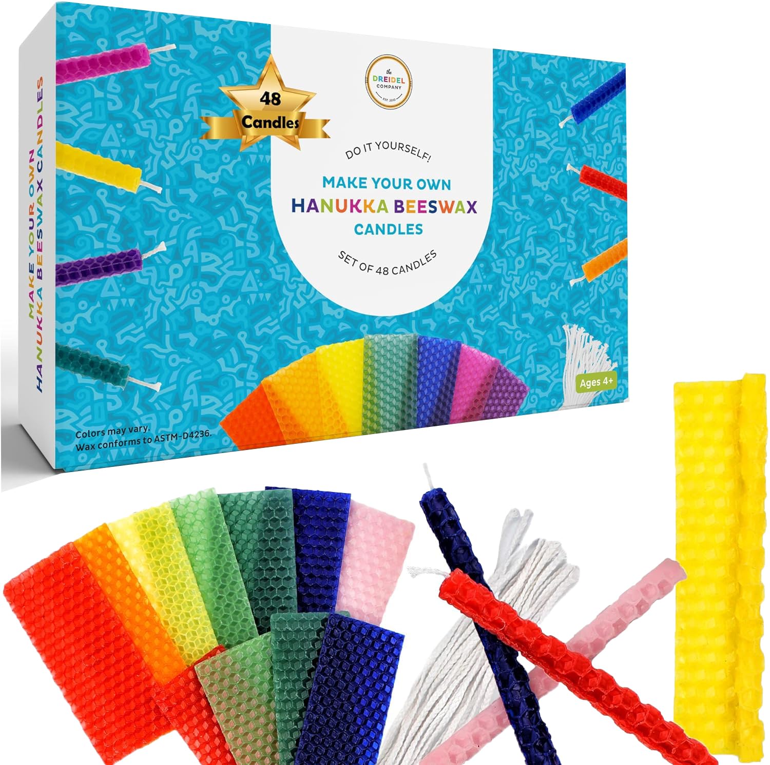 The Dreidel Company Make Your Own Hanukkah Beeswax Candles, Complete DIY Chanuka Candles Starter Kit (DIY 48 Candles)