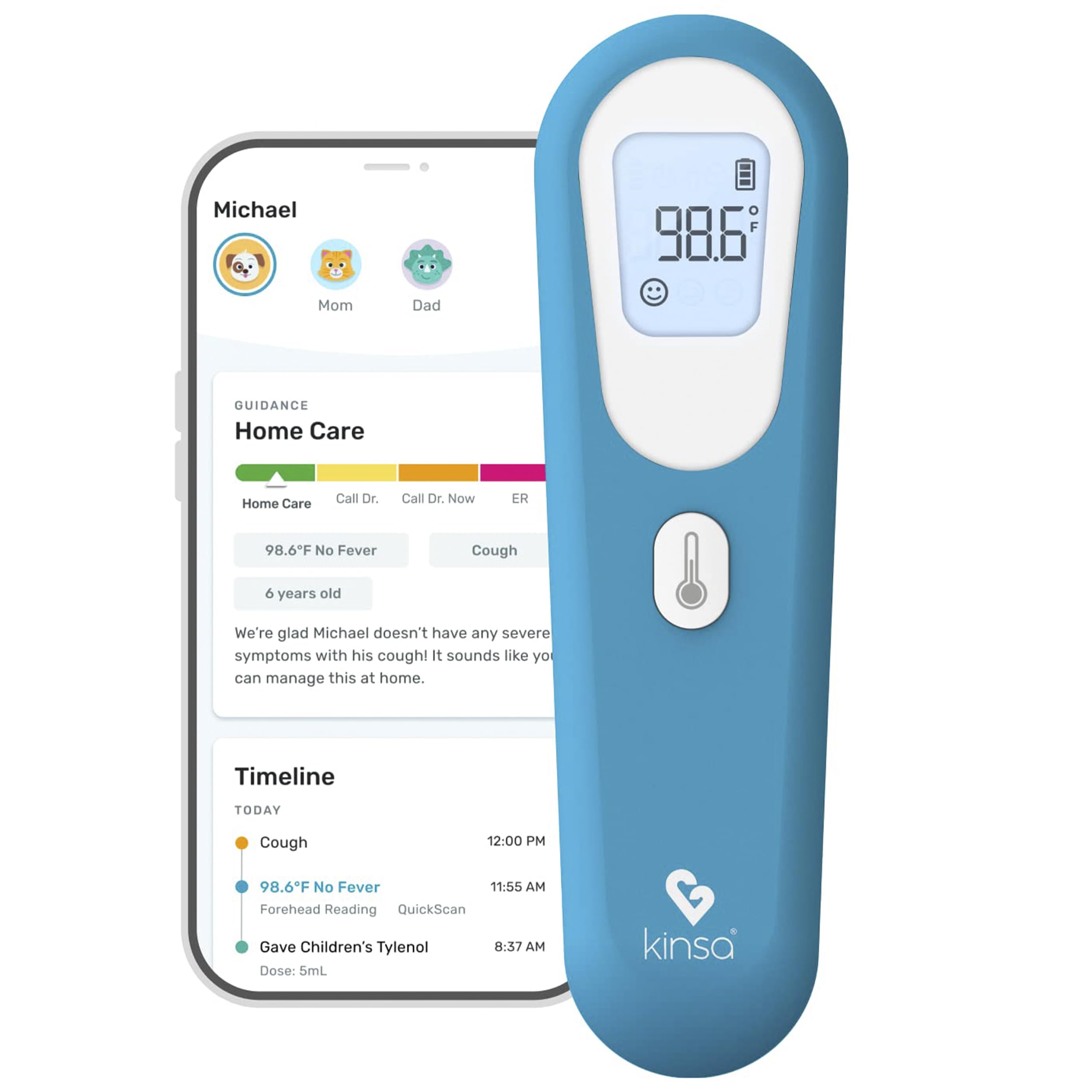 Kinsa QuickScan - Termometro intelligente senza contatto per fronte, con app, si abbina allo smartphone per monitorare la salute della famiglia e ottenere indicazioni sulle malattie, senza contatto