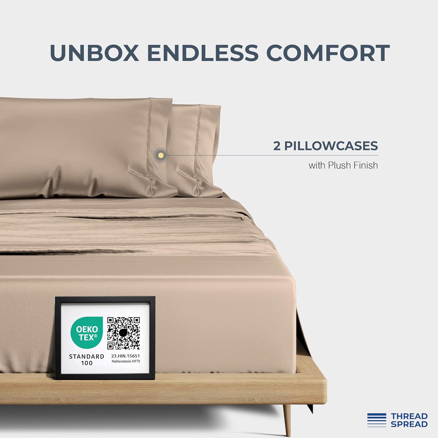 Thread Spread 100% Egyptian Cotton Pillow Cases Standard/Queen Size Set of 2 - Luxury 1500 Thread Count Sateen Taupe Pillow Cases, Silky Soft Cotton Pillowcases Fits Standard & Queen Pillows - Image 3