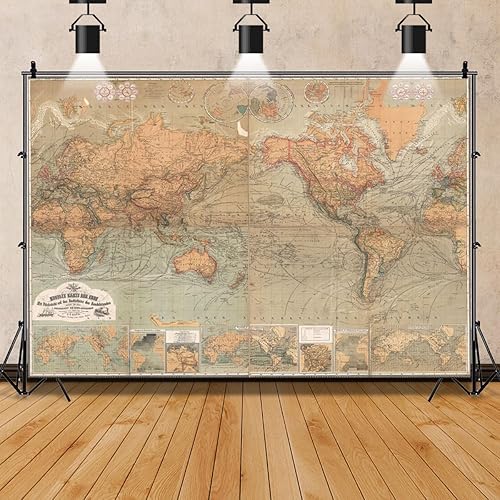 Miniatura 5 de AOFOTO Telón de fondo de fotografía de mapa del viejo mundo de 7 x 5 pies, estilo vintage, retro, mapa náutico del mundo, fondo marrón antiguo,