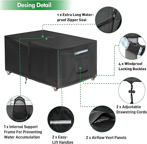 Vista 24 de Funda rectangular para mesa de patio con agujero para paraguas, 108 pulgadas de largo x 82 pulgadas de ancho x 23 pulgadas de alto