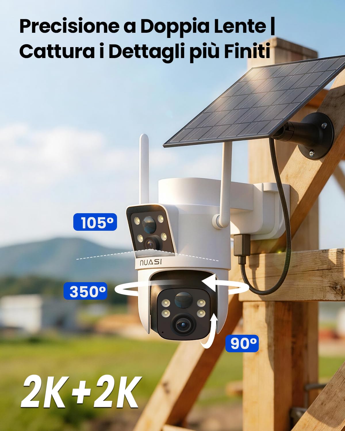 4G LTE Telecamera Solare Esterno, 2K+2K Doppia Lente | PTZ Telecamera di Sorveglianza senza Wi-Fi con Scheda SIM, Rilevamento Intelligente, Visione Notturna a Colori, IP66